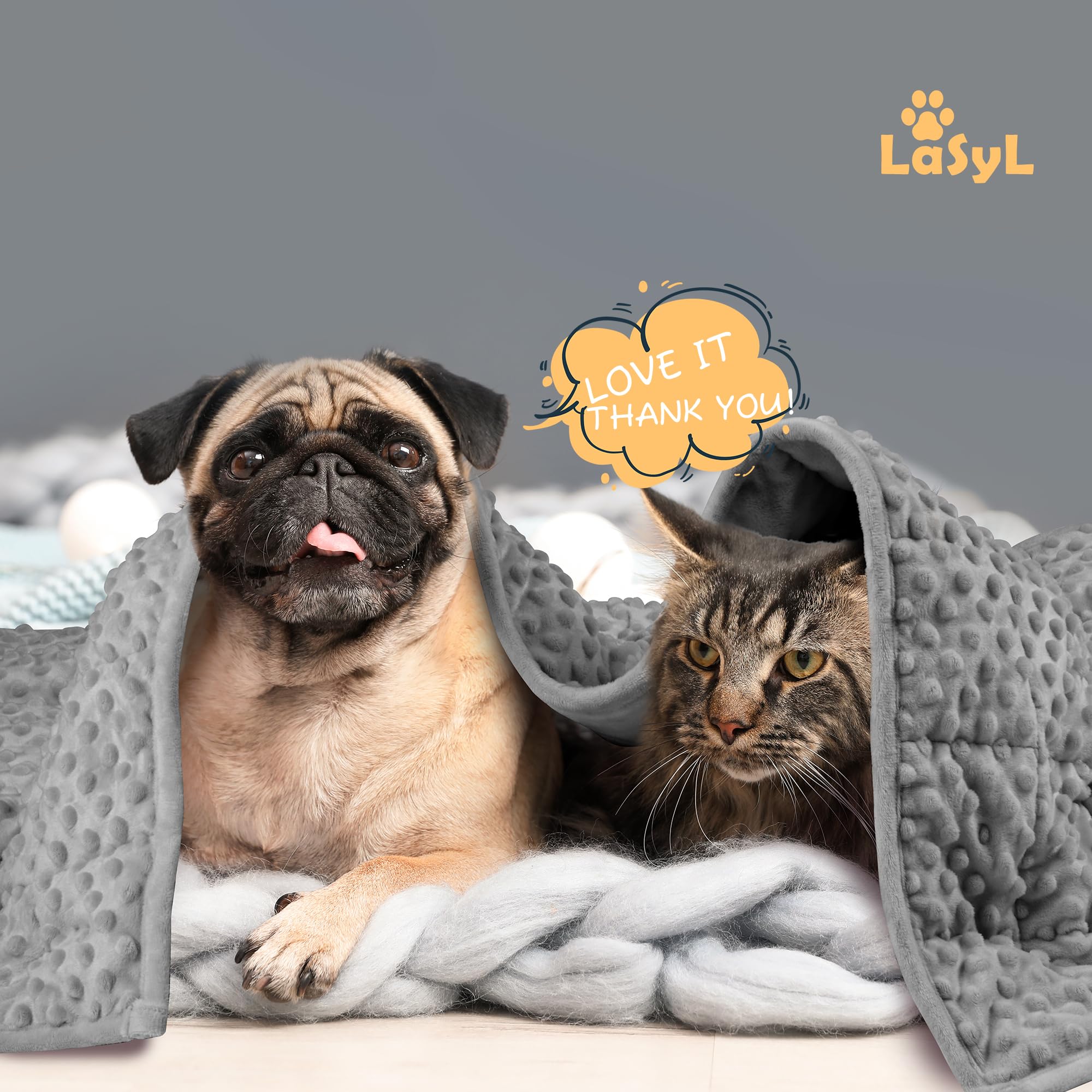 LaSyL manta con peso para mascotas, uso en cama o sofá para mayor confort.