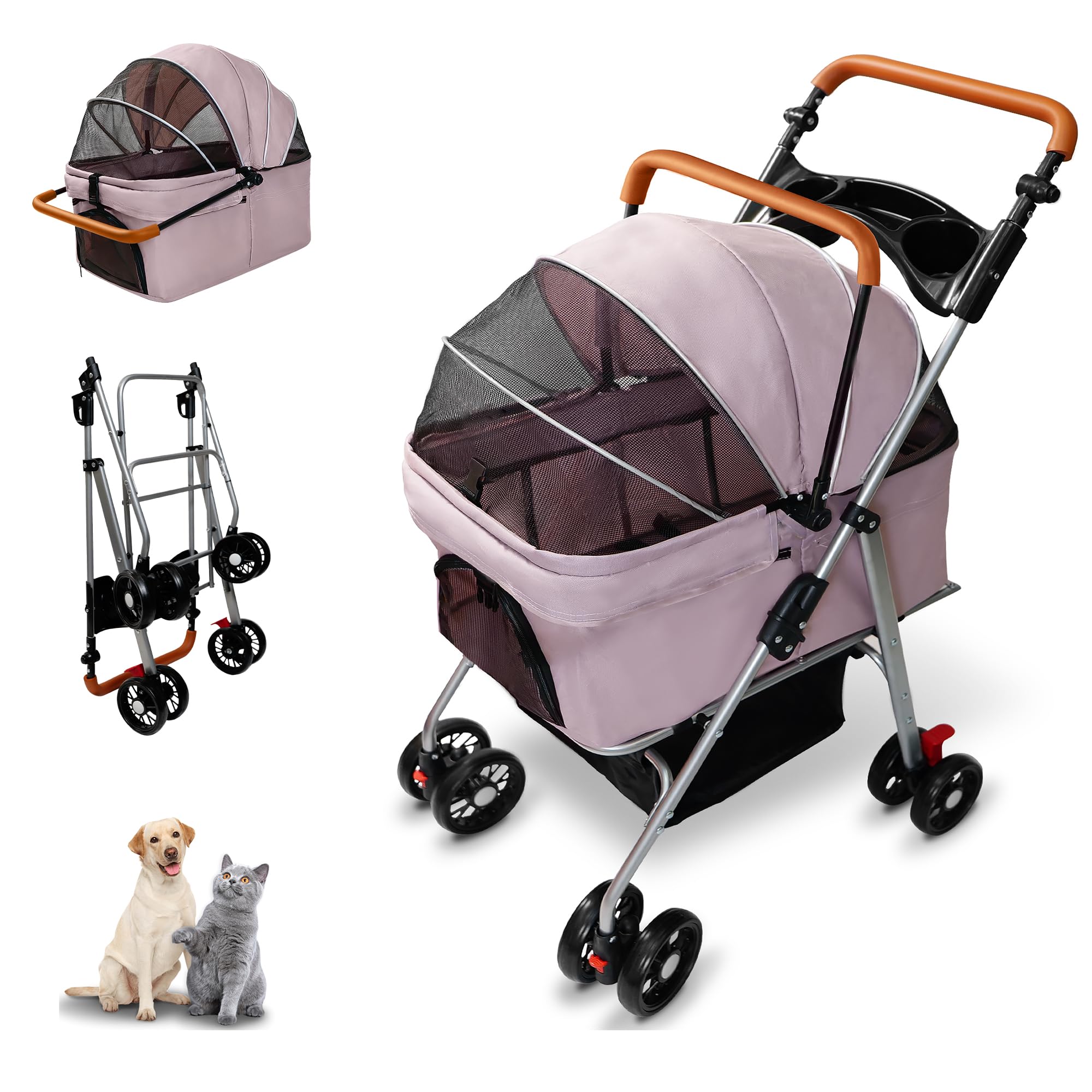 Laushery carrito mascotas con cesta de almacenamiento para accesorios durante el paseo.