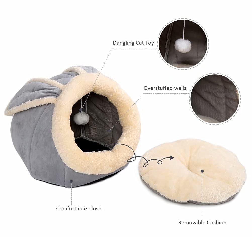 Cama cueva Lcybem acabado peluche suave y funda lavable facilita el mantenimiento.