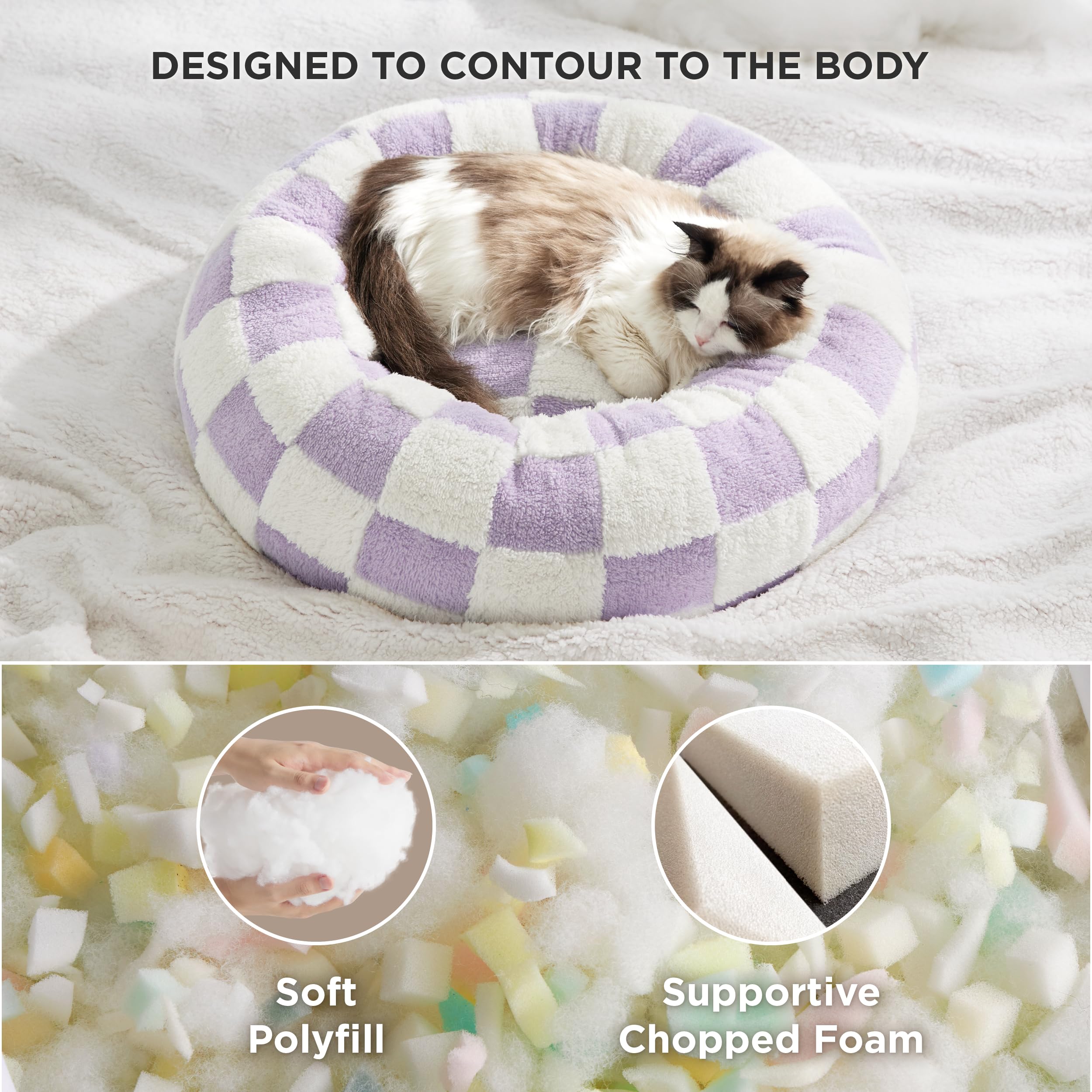 Cama LE SURE morada con borde elevado para apoyo de la cabeza.