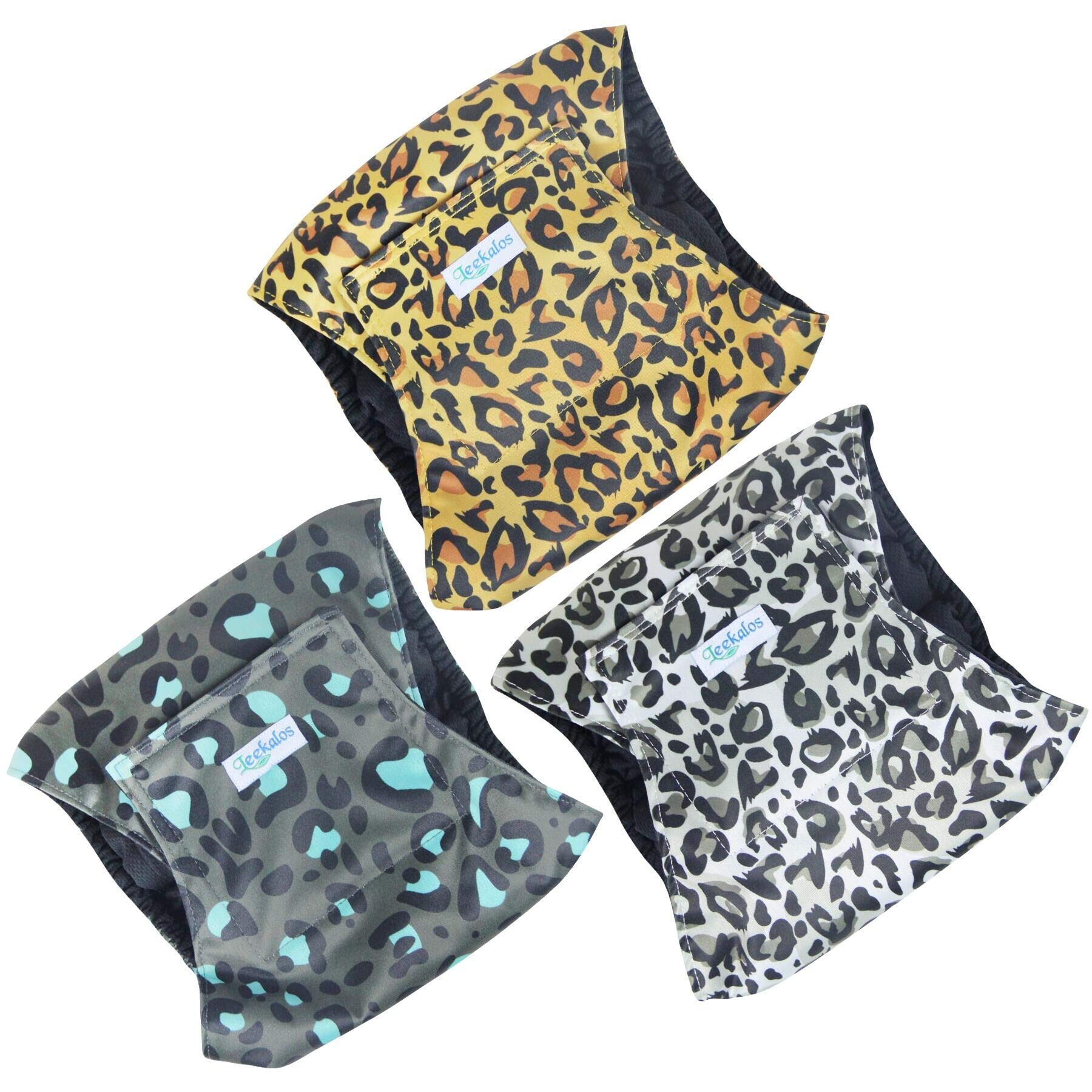 Pañales Leekalos para perro macho Leopard, ajuste seguro para actividad diaria.