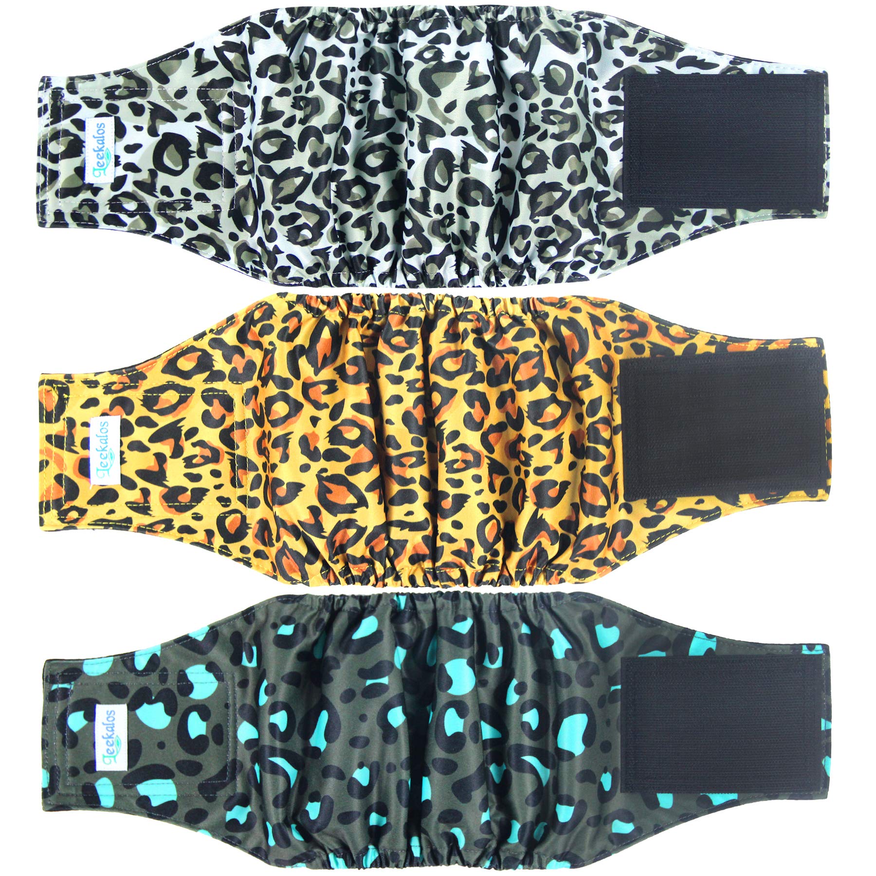 Pañales Leekalos para perro macho Leopard, enfoque frontal, ajuste cómodo para paseos.