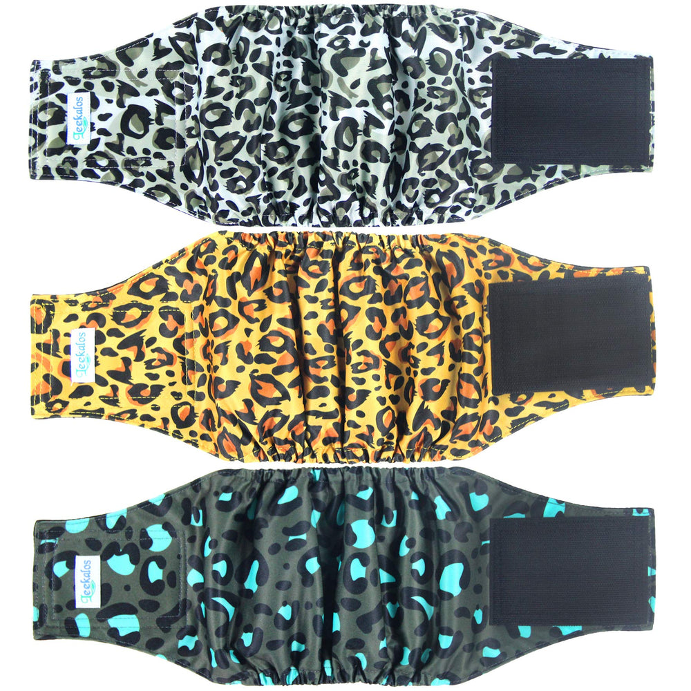 Pañales Leekalos para perro macho Leopard, enfoque frontal, ajuste cómodo para paseos.