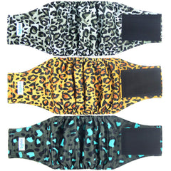 Pañales Leekalos para perro macho Leopard, enfoque frontal, ajuste cómodo para paseos.