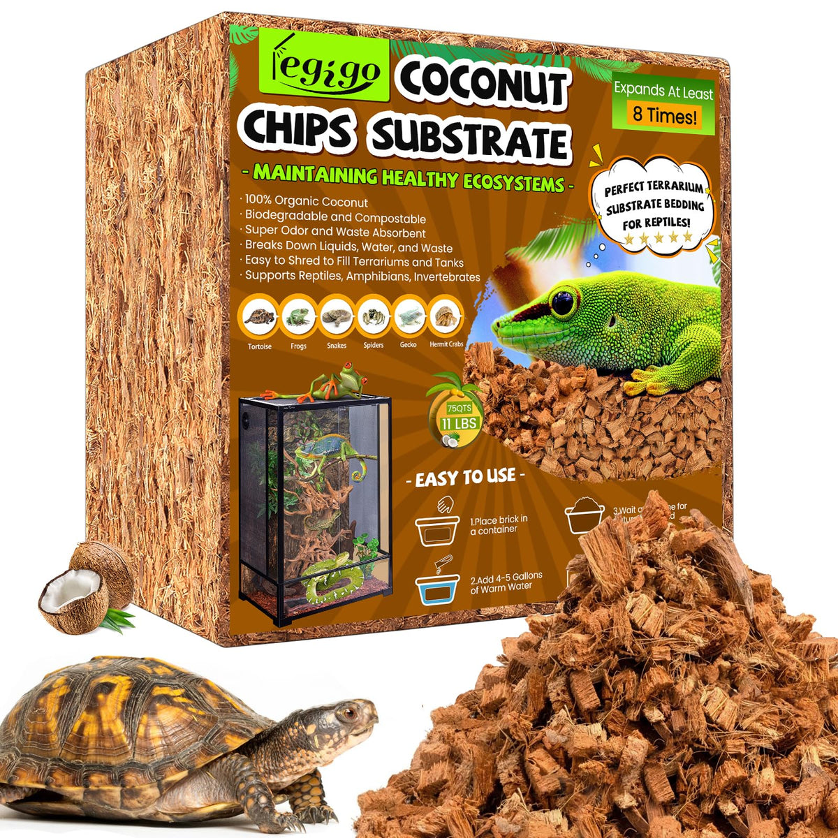 Legigo ladrillo de coco compacto, cómodo para almacenar y usar en terrarios.