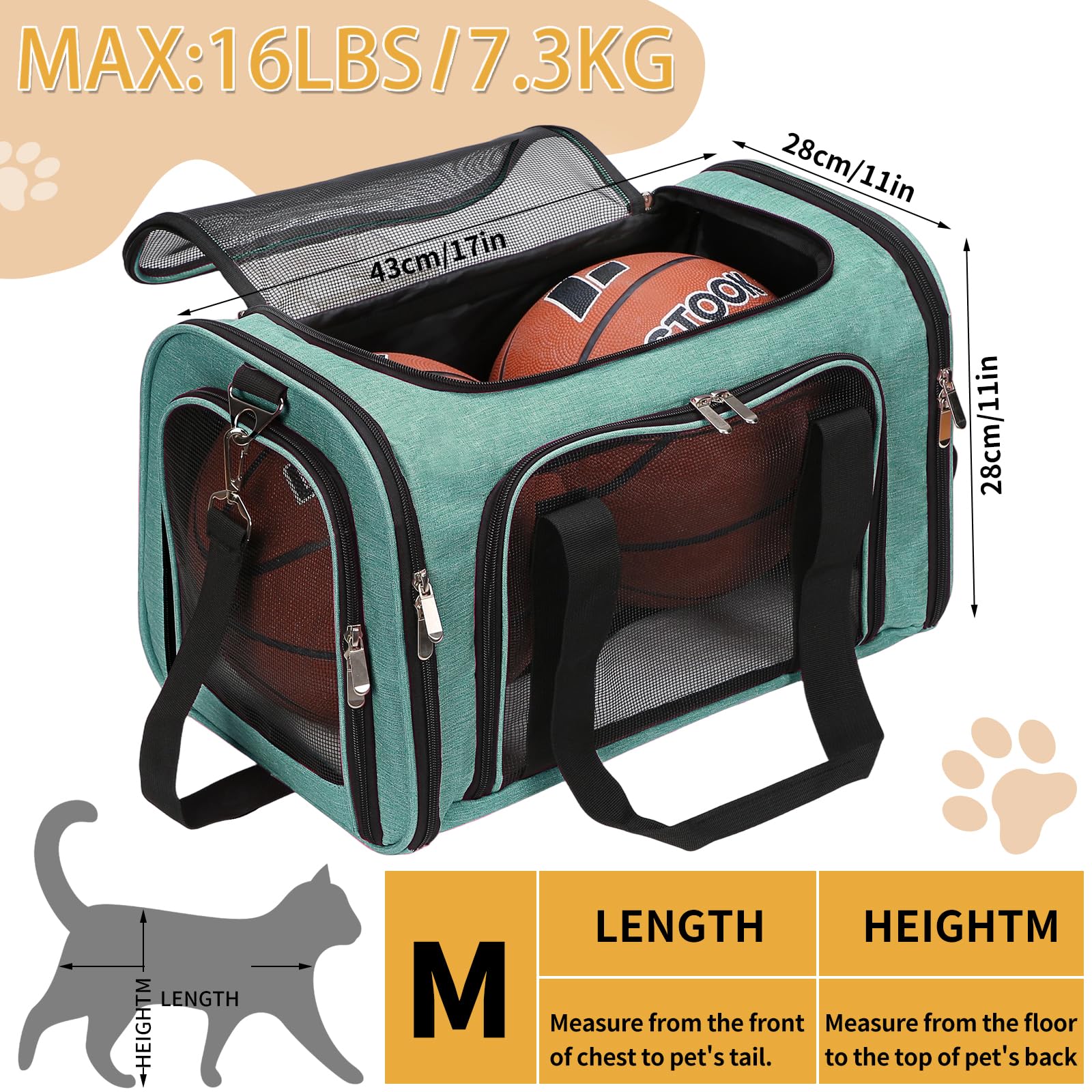 LEHNI transportín blando en 17x11x11 pulgadas para mascotas de hasta 7,25 kg.