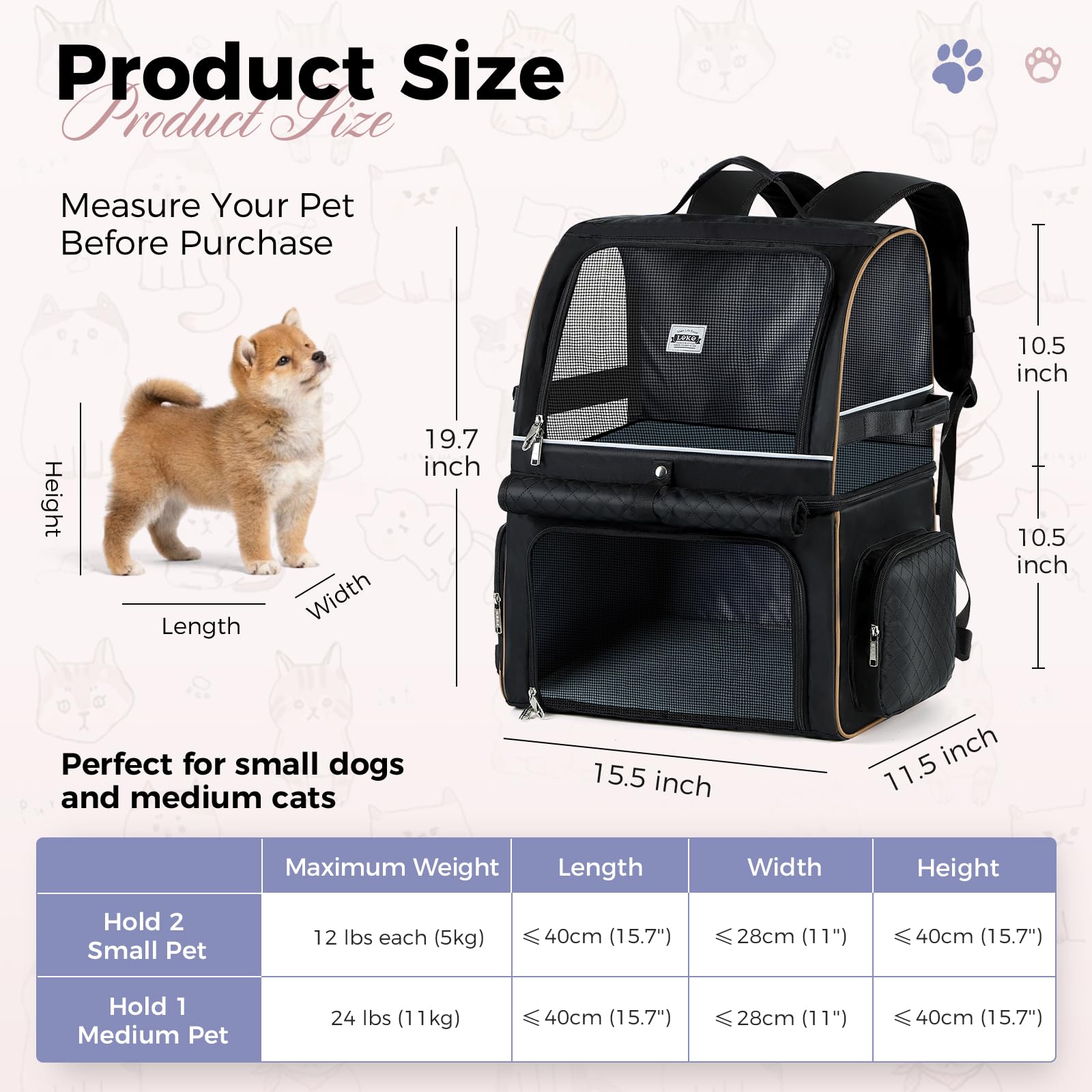 Lekebobor mochila doble compartimento para mascotas, transporte cómodo para dos gatos o un perro pequeño.