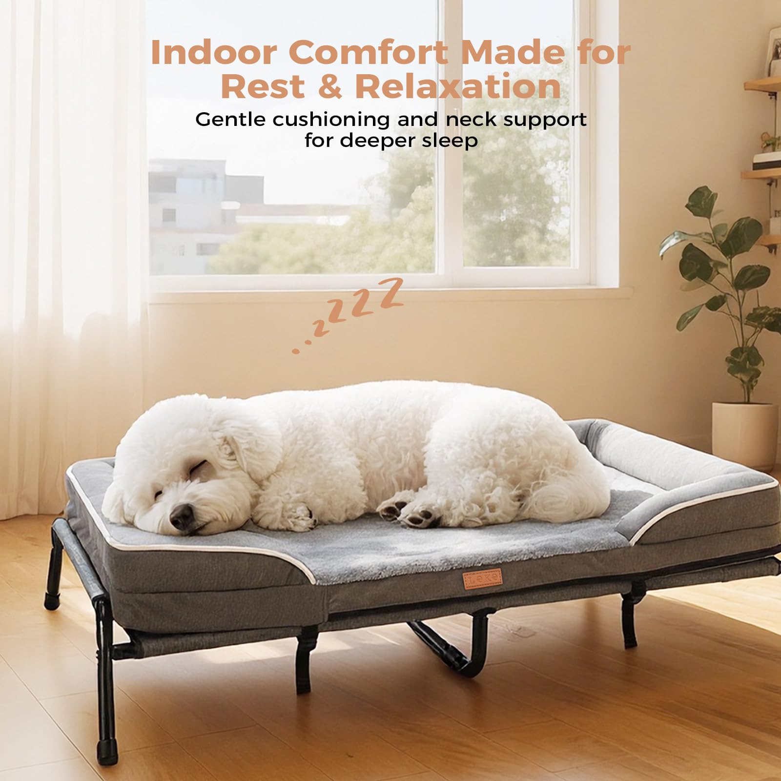 Lekereise cama perro elevada desmontable 2-en-1, versátil para diferentes espacios.