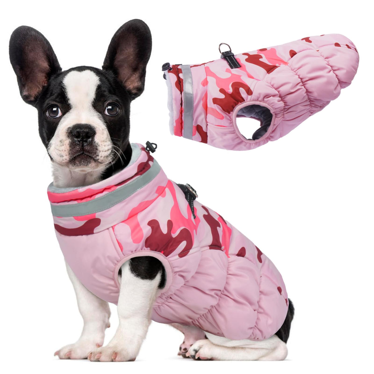 LeLePet abrigo de invierno para perros rosa camuflaje, protege del frío durante paseos al aire libre.