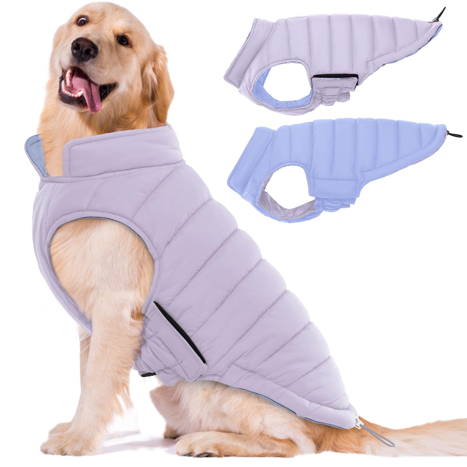 LeLePet abrigo reversible para perro en plano frontal, protección contra viento y frío