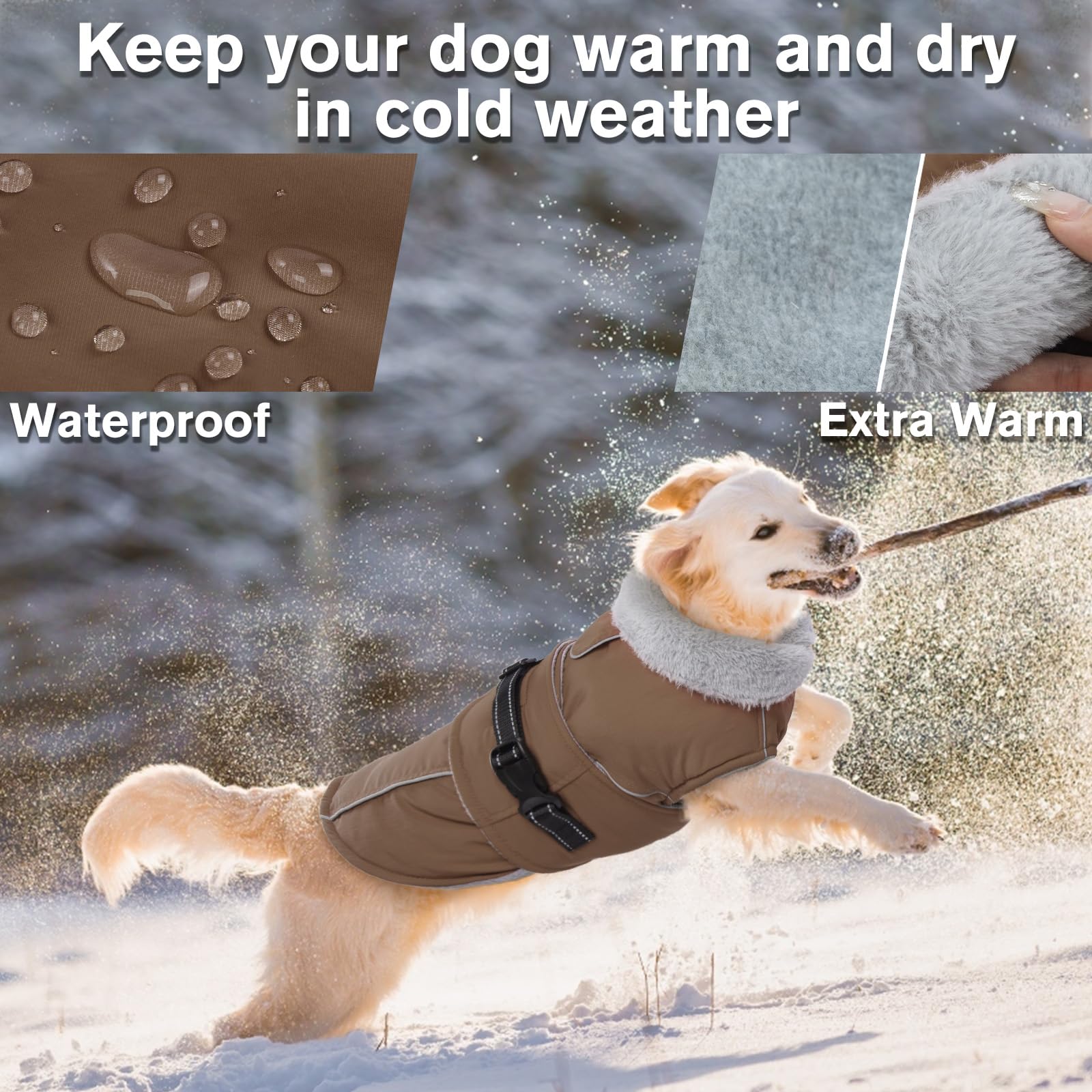 LeLePet abrigo para perros grandes, espalda marrón, protección contra viento y lluvia.
