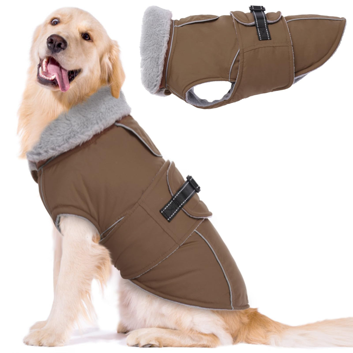 LeLePet abrigo para perros grandes, frente marrón, cómodo para paseos fríos.