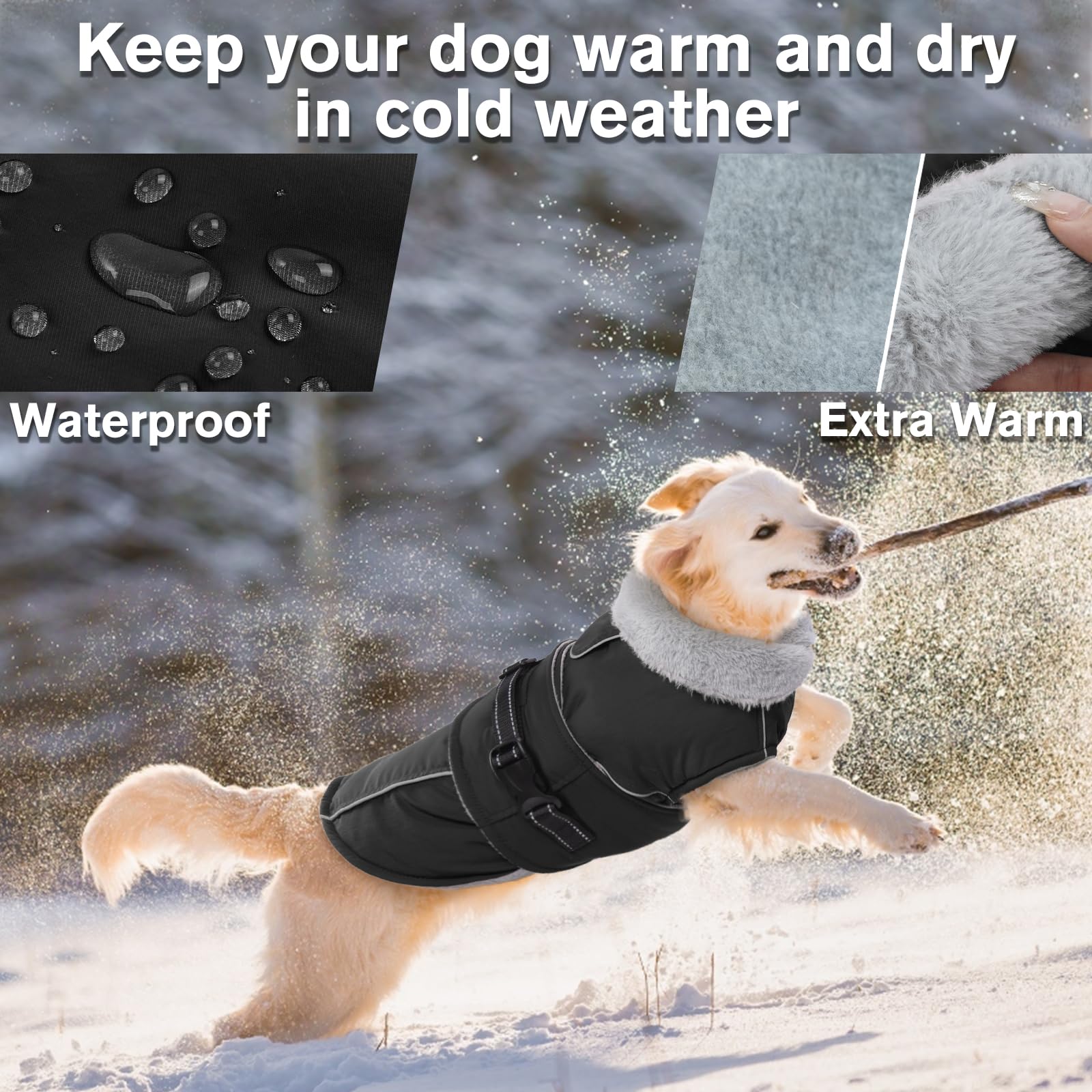 LeLePet capa impermeable para perro, vista trasera, ajuste seguro para climas fríos.