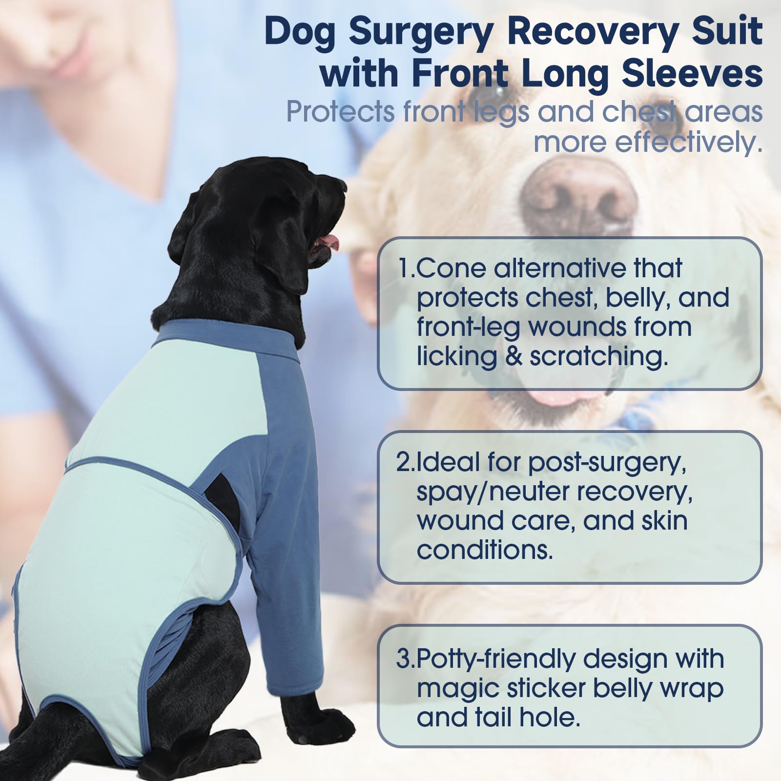 LeLePet Recovery Suit ofrece libertad de movimiento en las patas traseras para mayor comodidad.