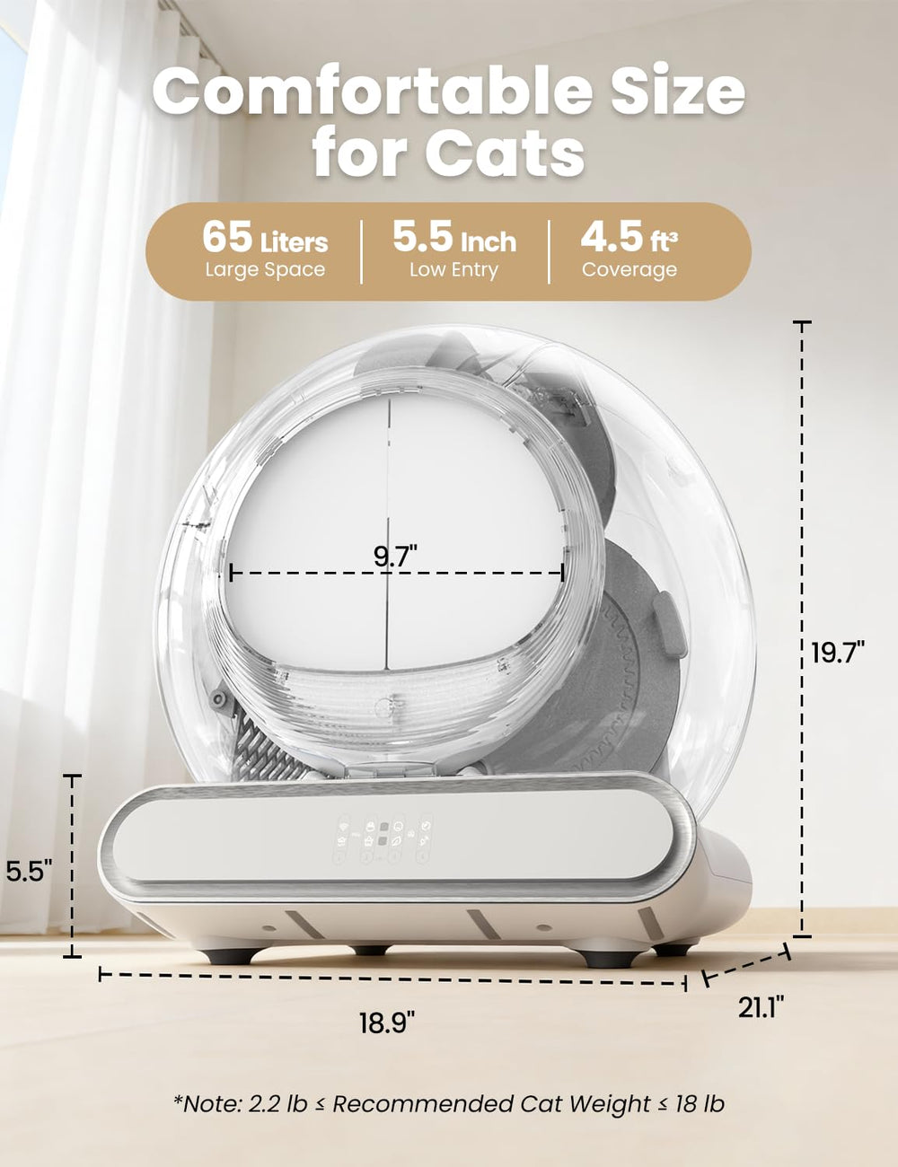 LELOKIDZ capacidad 65L para varias visitas de gatos sin recargas constantes.