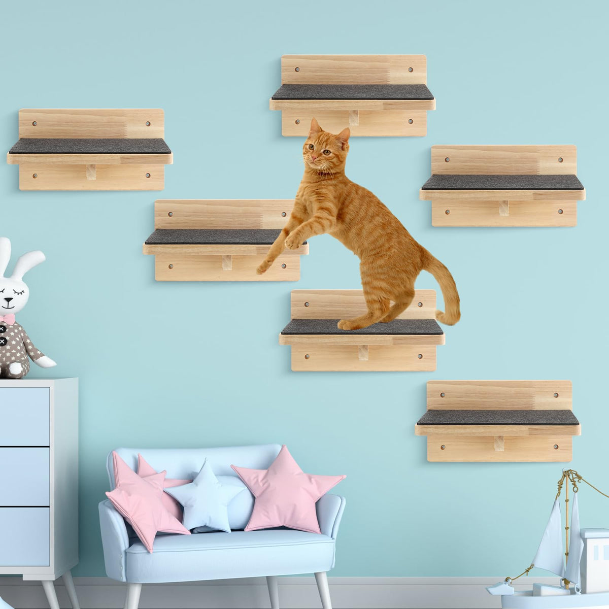 Lenwen estantes de pared para gatos: vista frontal del conjunto para juego y descanso.