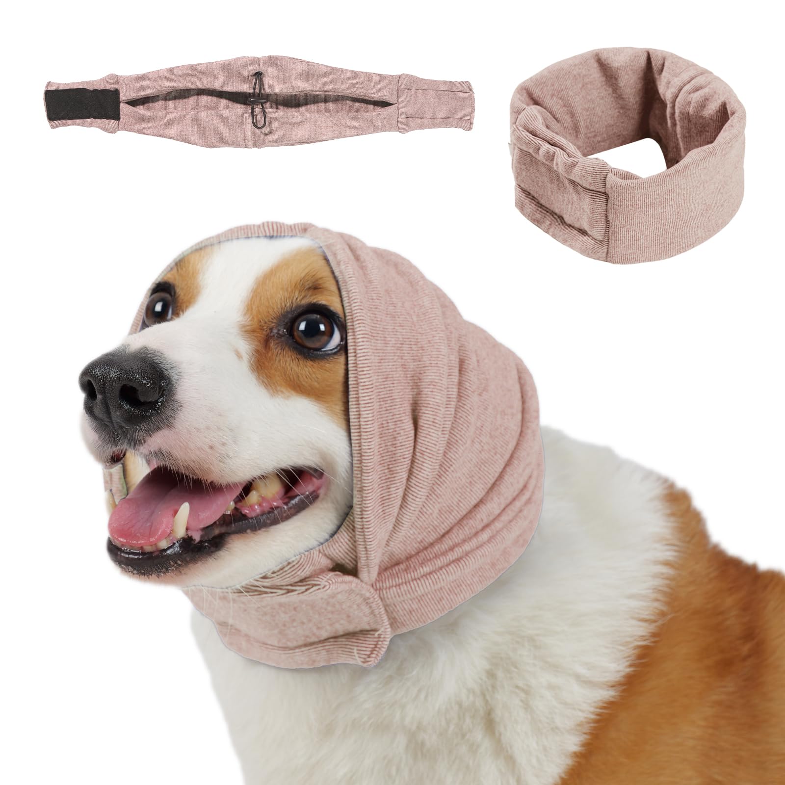 Leotrag Dog Calming Hoodie Dusty Rose, vista frontal con protección auditiva.
