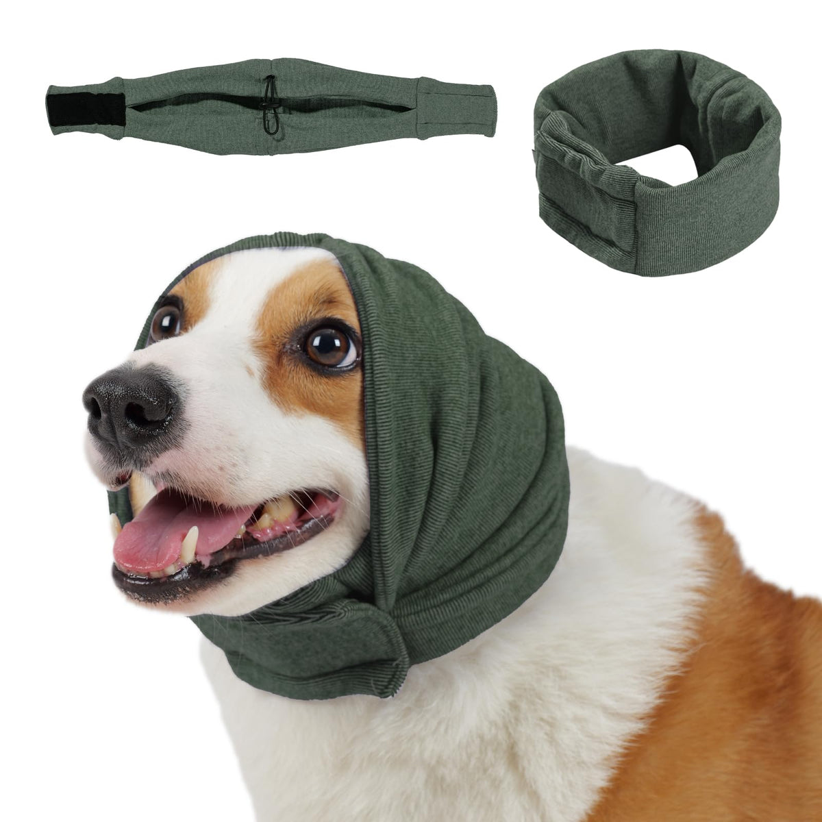 La sudadera Leotrag calma para perros, orejas cubiertas, verde oliva, reduce ansiedad por ruidos.
