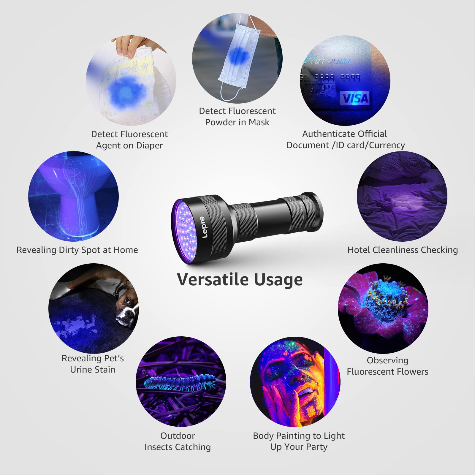 Lepro 51 LEDs UV, útil para verificar la limpieza de hoteles y sábanas.