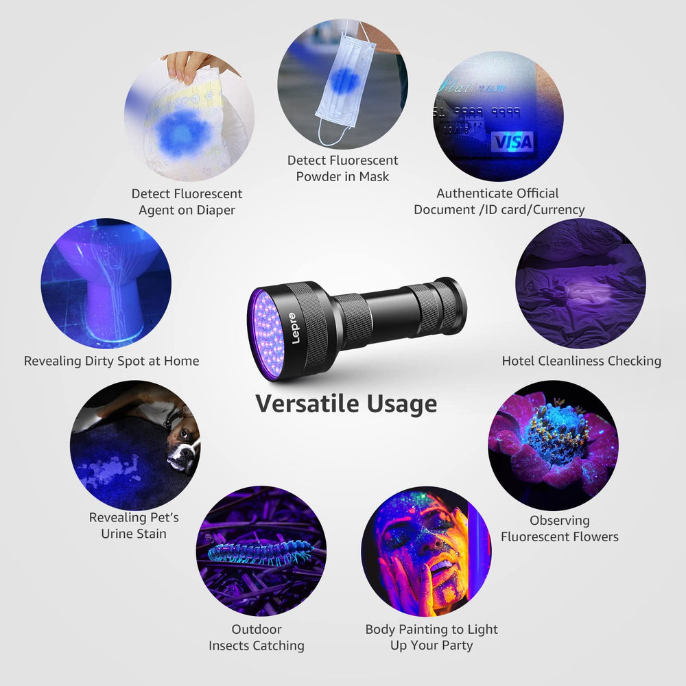 Lepro 51 LEDs UV, útil para verificar la limpieza de hoteles y sábanas.