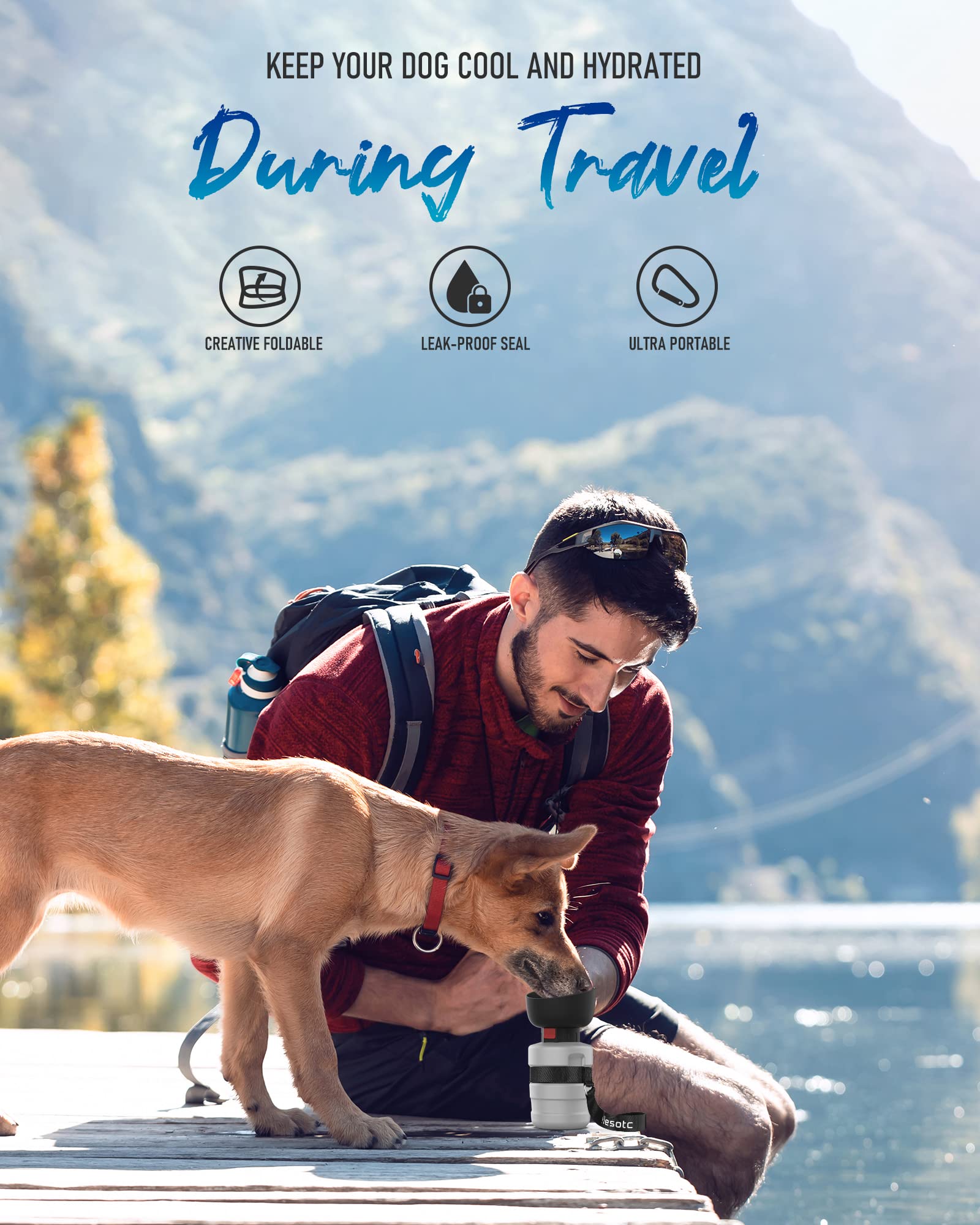 Lesotc botella de agua para perros de 400 ml para caminatas y camping.