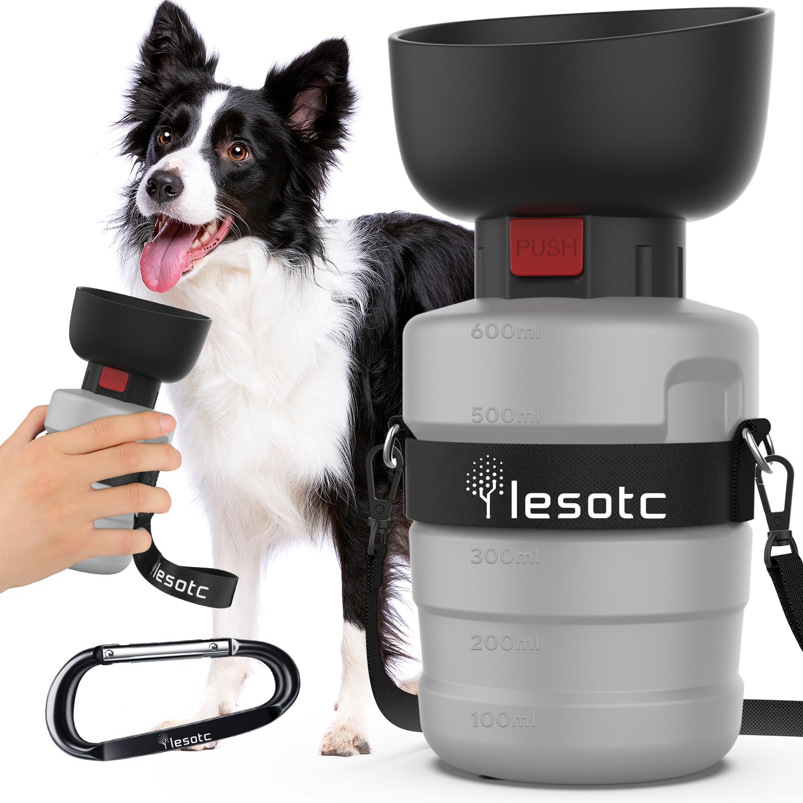 Lesotc botella de agua para perro en uso exterior, ideal para paseos.