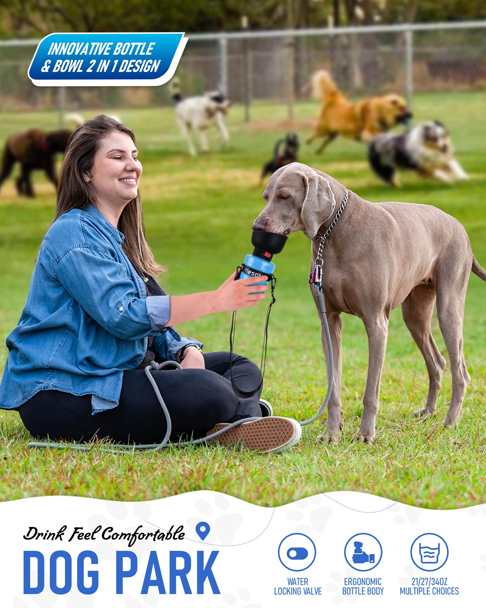 Dispensador de agua Lesotc para perros en una caminata al aire libre.