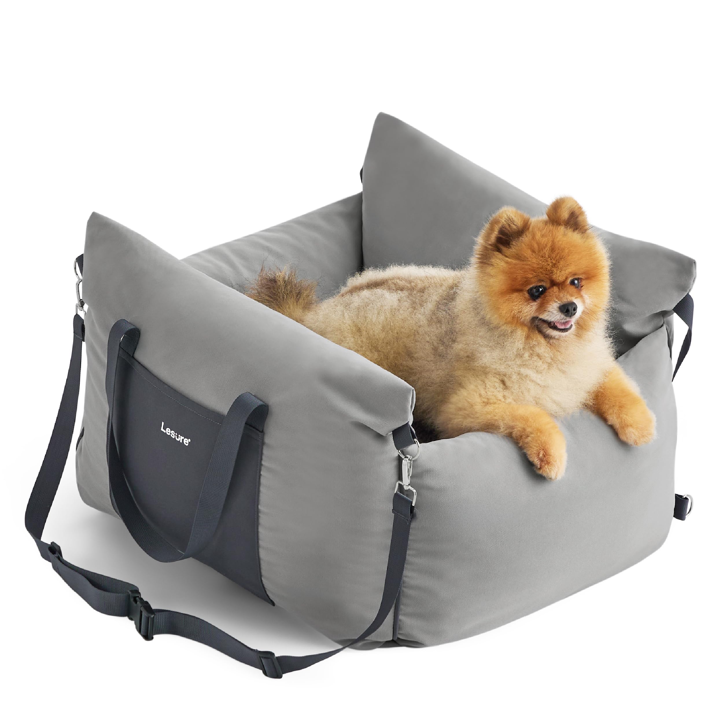 Asiento Lesure para perro pequeño en coche con acolchado suave para mayor comodidad.