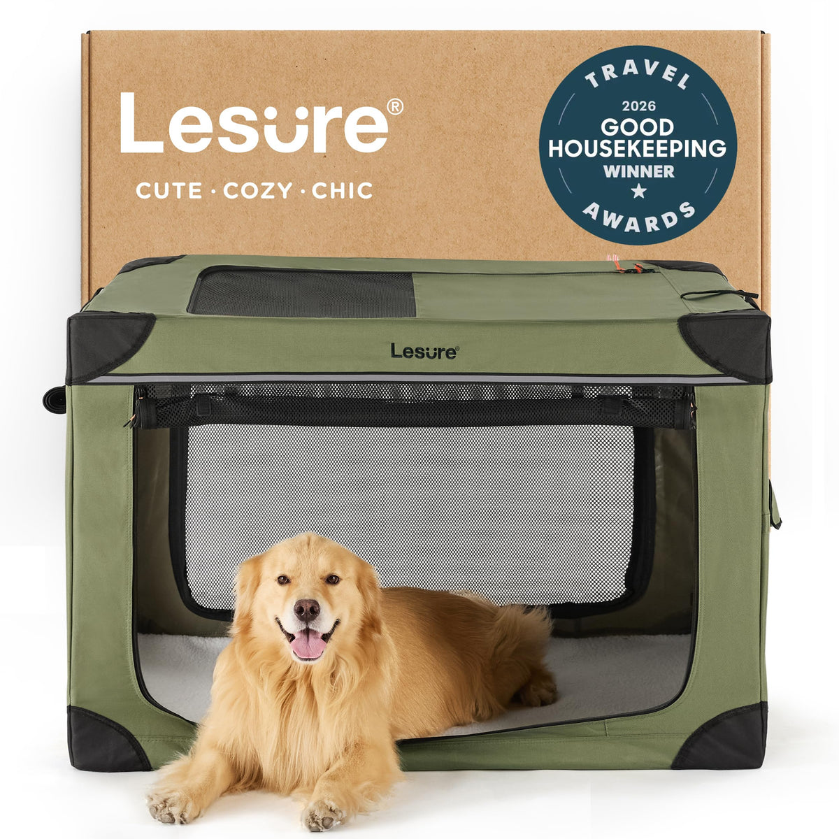 Lesure jaula suave para perros, vista general verde para viajes.