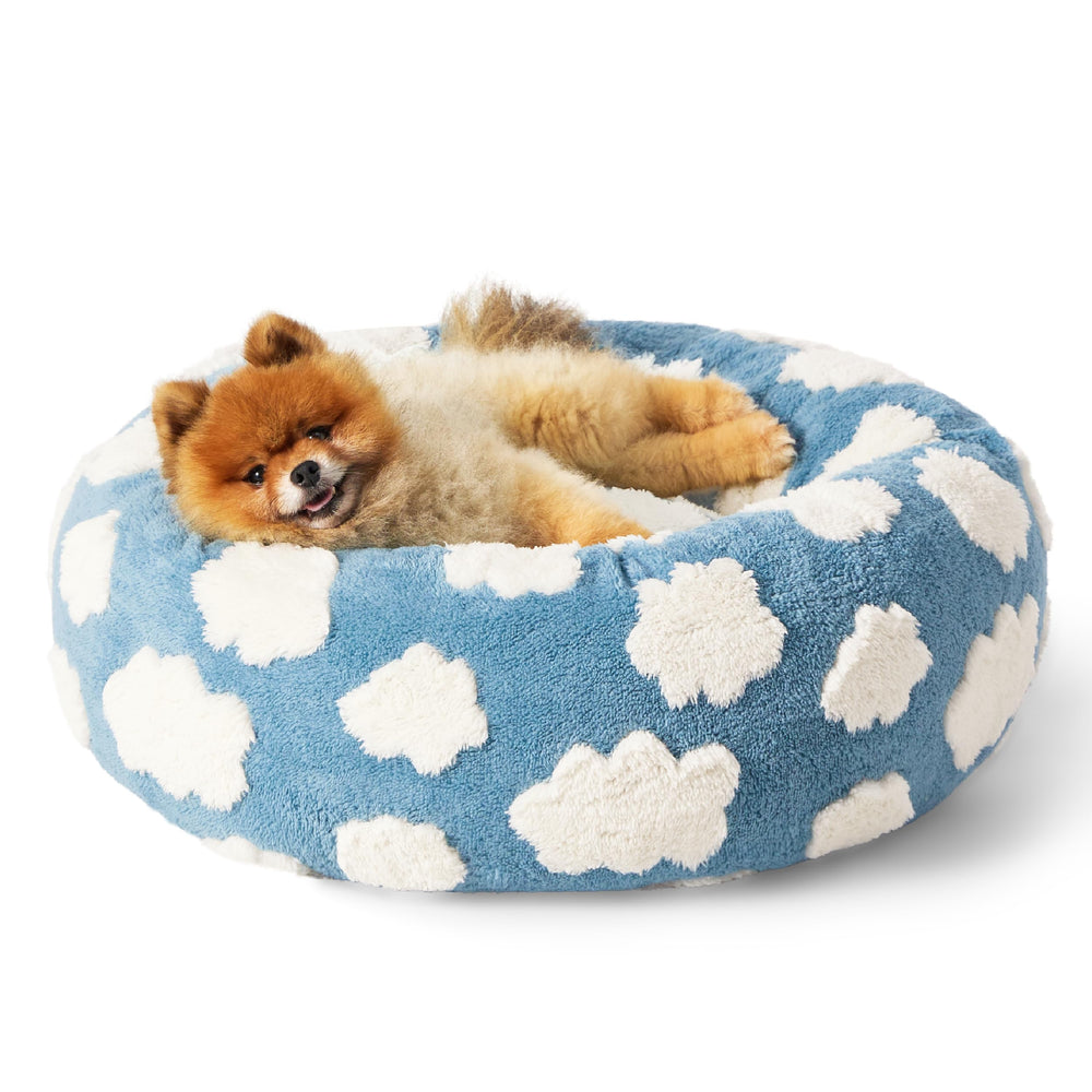 LE SURE cama rosquilla azul para perros, vista frontal, confort suave y apoyo para articulaciones.