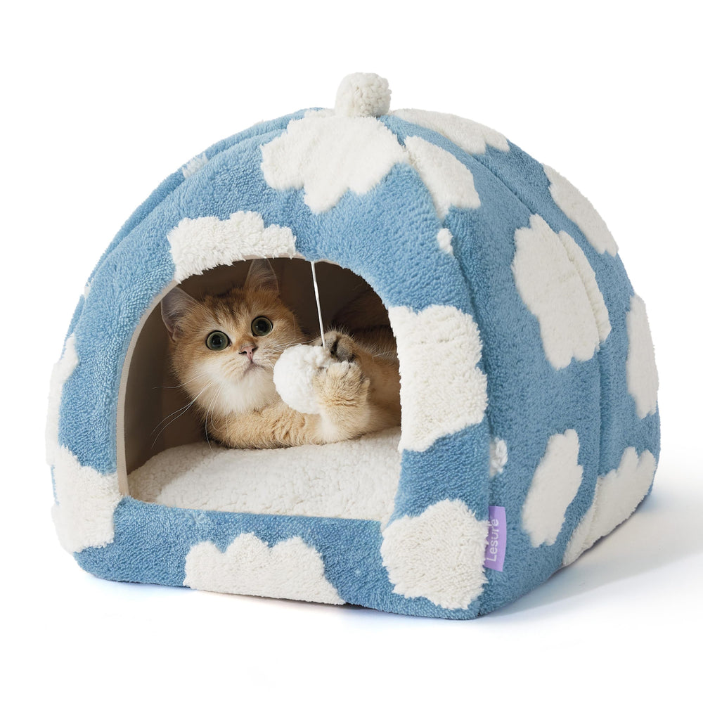 LE SURE Cama Gato Cueva 2 en 1 azul refugio cómodo para siestas.