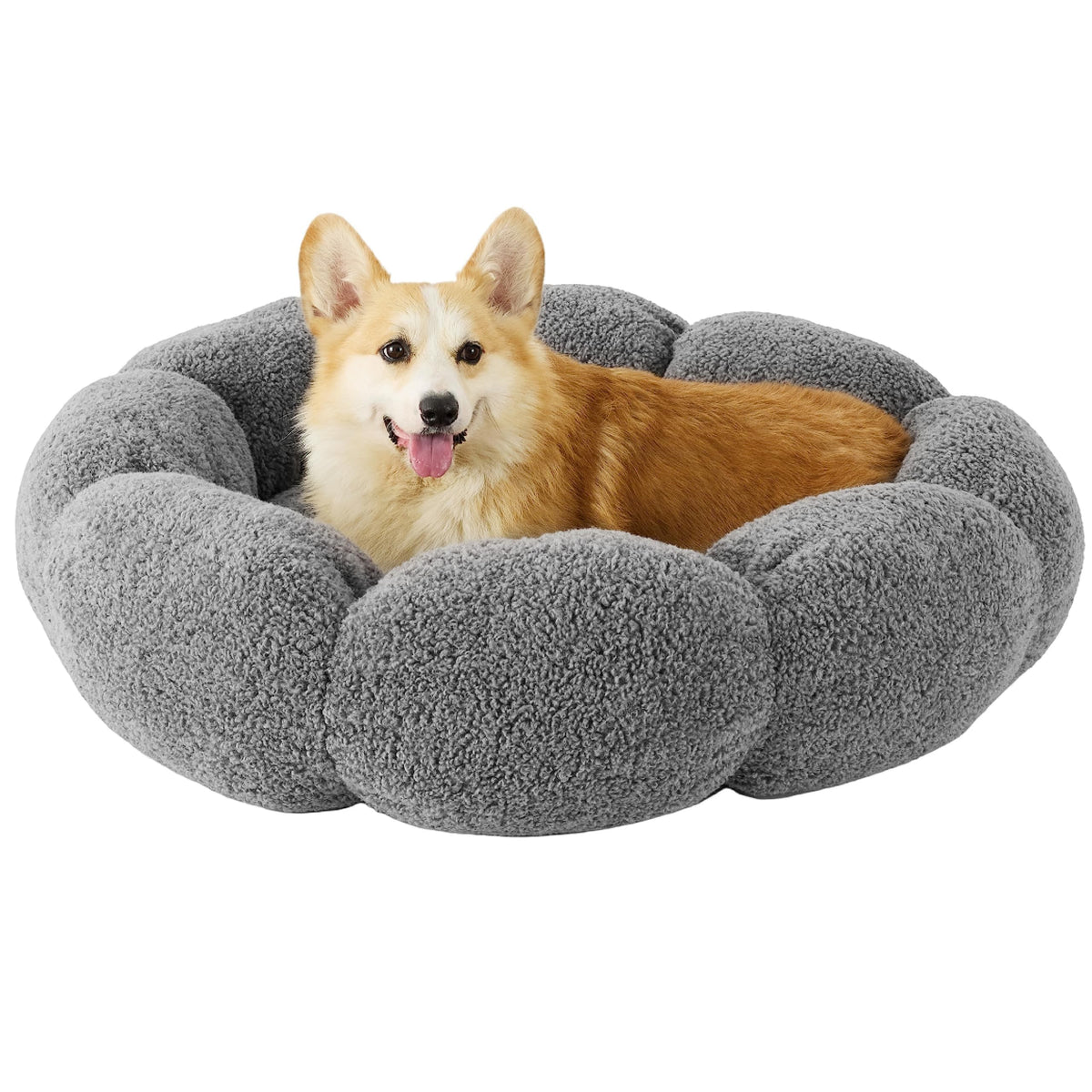 Cama grande LE SURE con flor dona gris, comodidad envolvente para perros grandes.