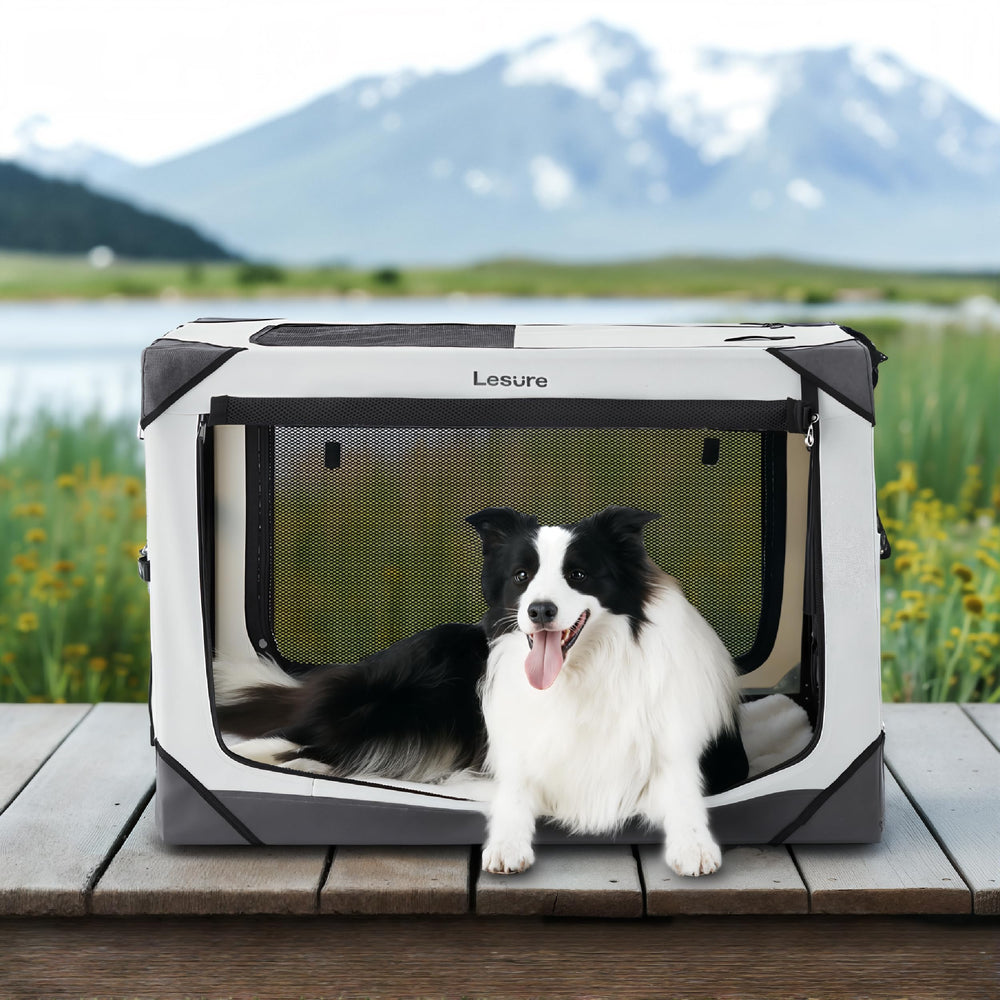 LE SURE jaula plegable para perros, vista frontal y ventilación mejorada para viajes