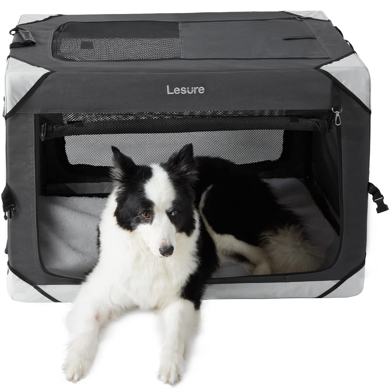 LE SURE jaula plegable para perros grandes con cuatro puertas para fácil entrada y salida.