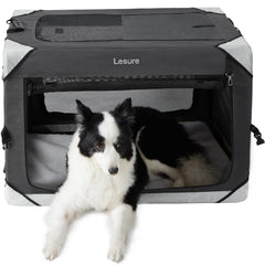 LE SURE jaula plegable para perros grandes con cuatro puertas para fácil entrada y salida.