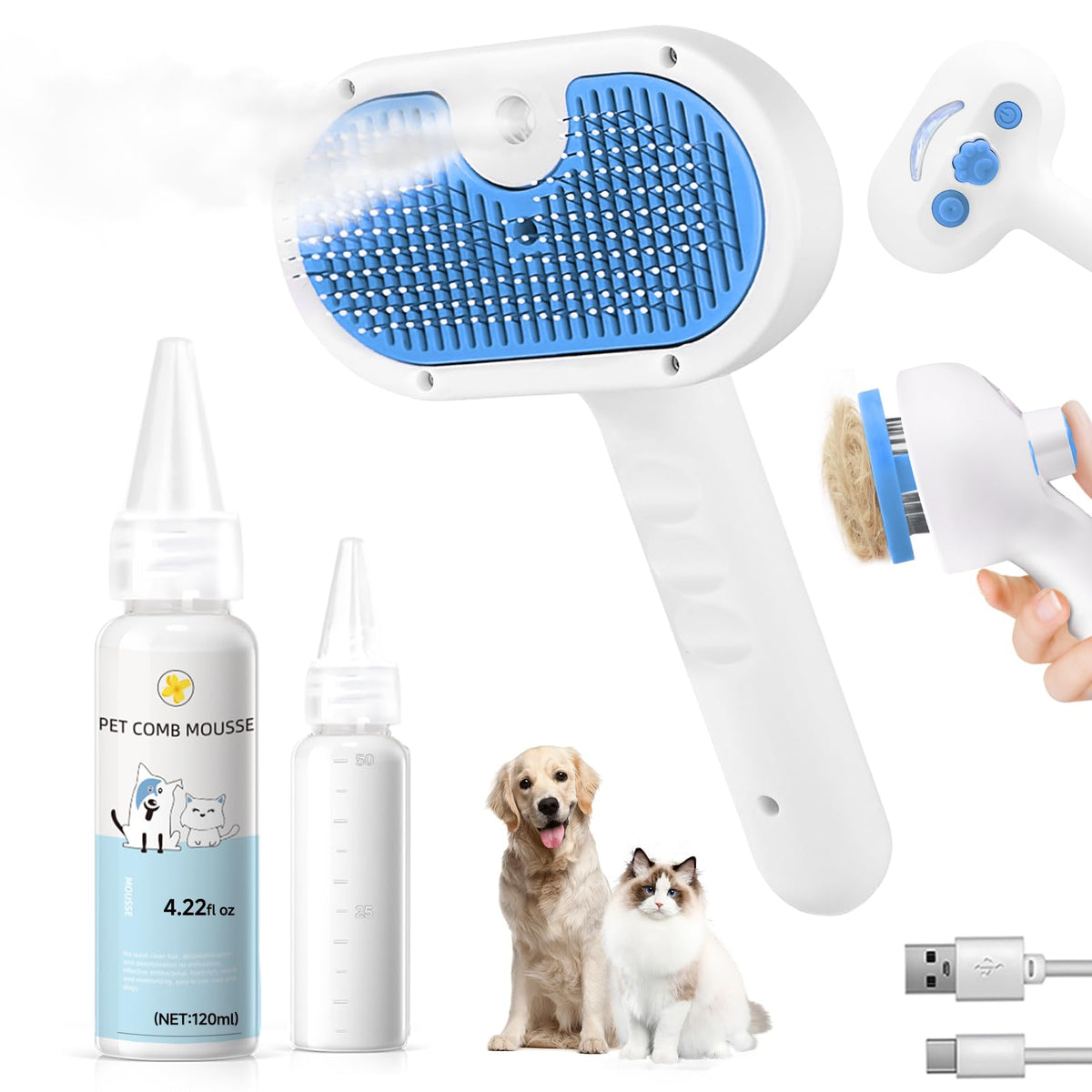 LetsFeed cepillo de vapor para mascotas 3 en 1 elimina pelo suelto.