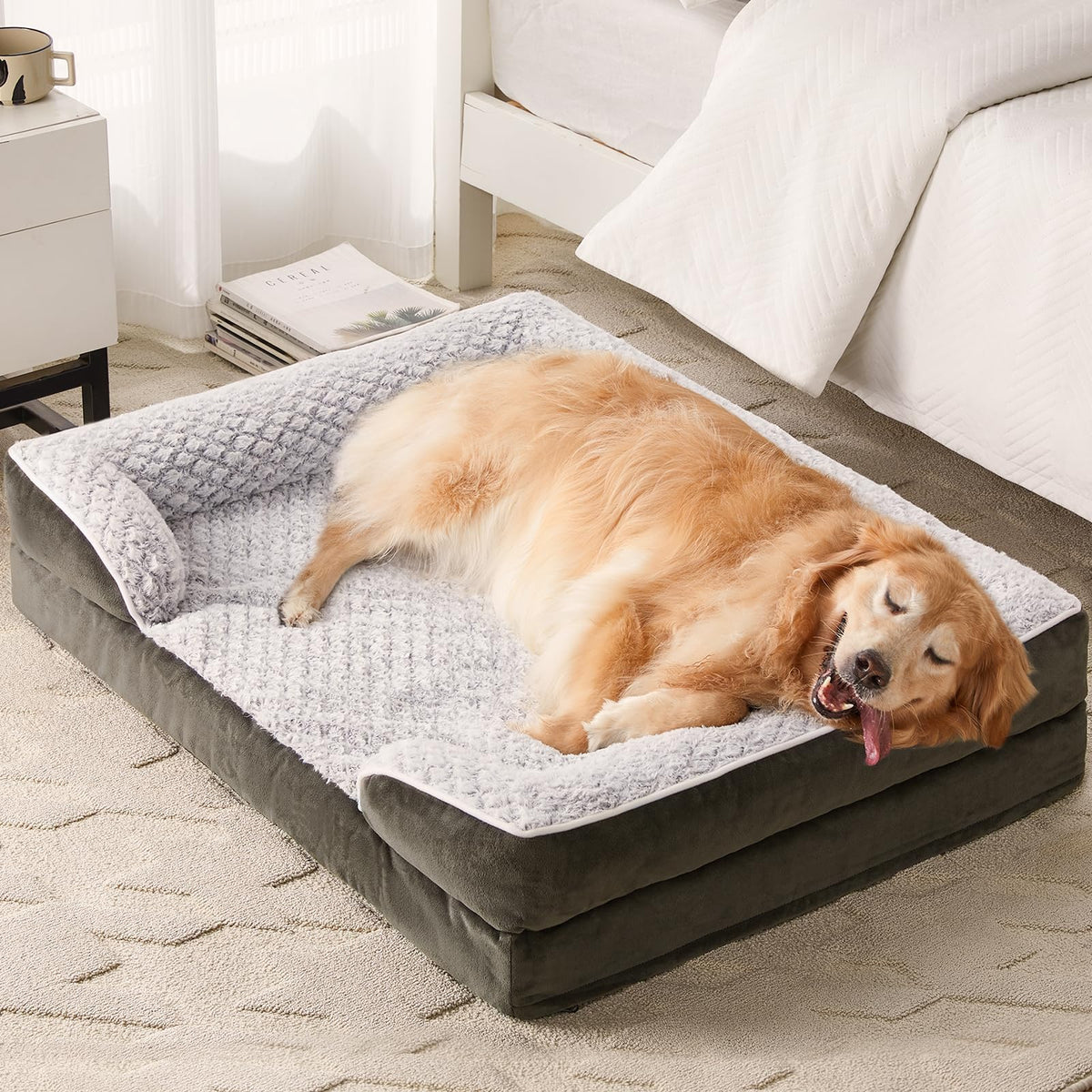 Cama ortopédica LEXTRO para perros grandes con espuma tipo huevo y funda impermeable.