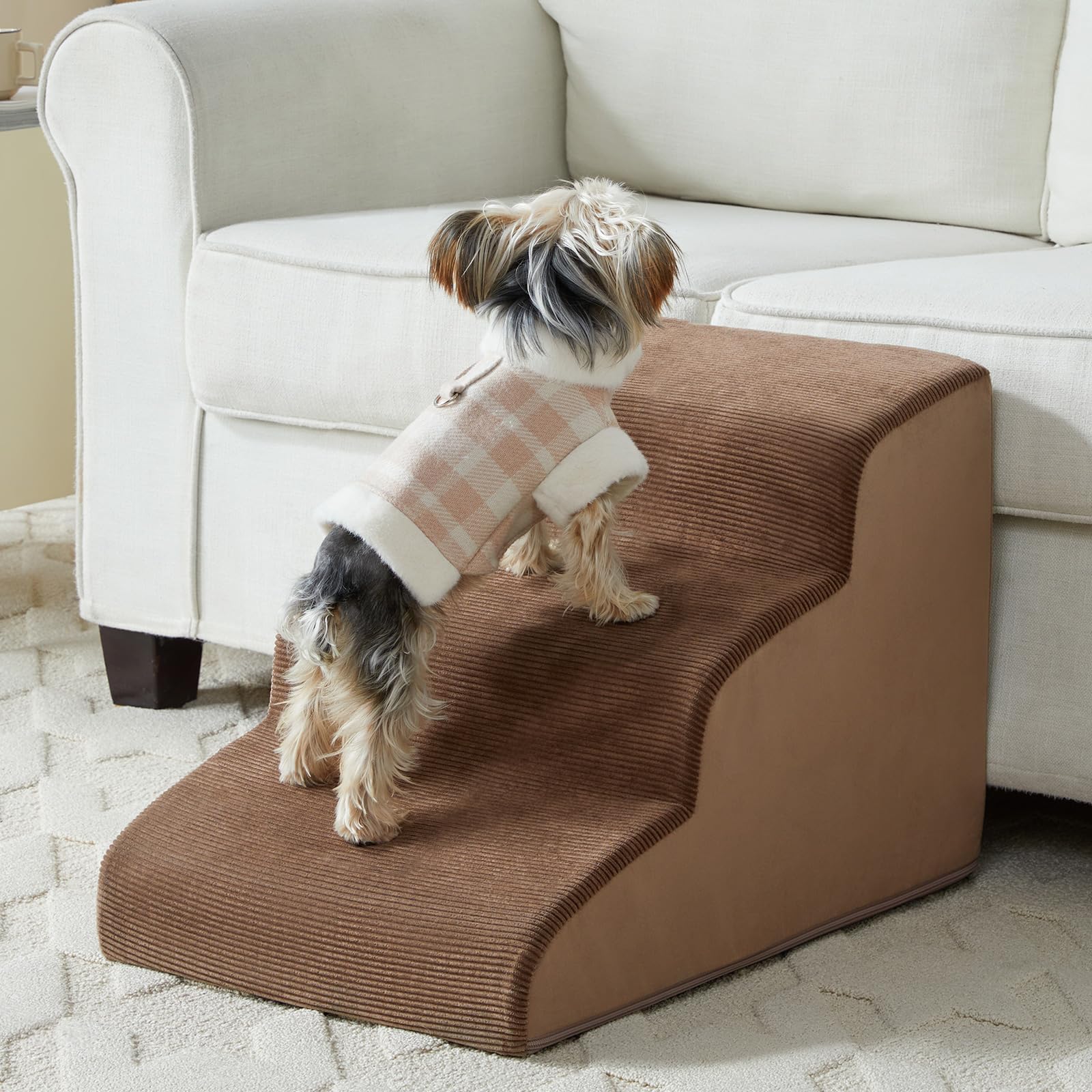 LEXTRO escaleras para perros pequeños de tres pasos junto a la cama, ayudan a subir con seguridad.