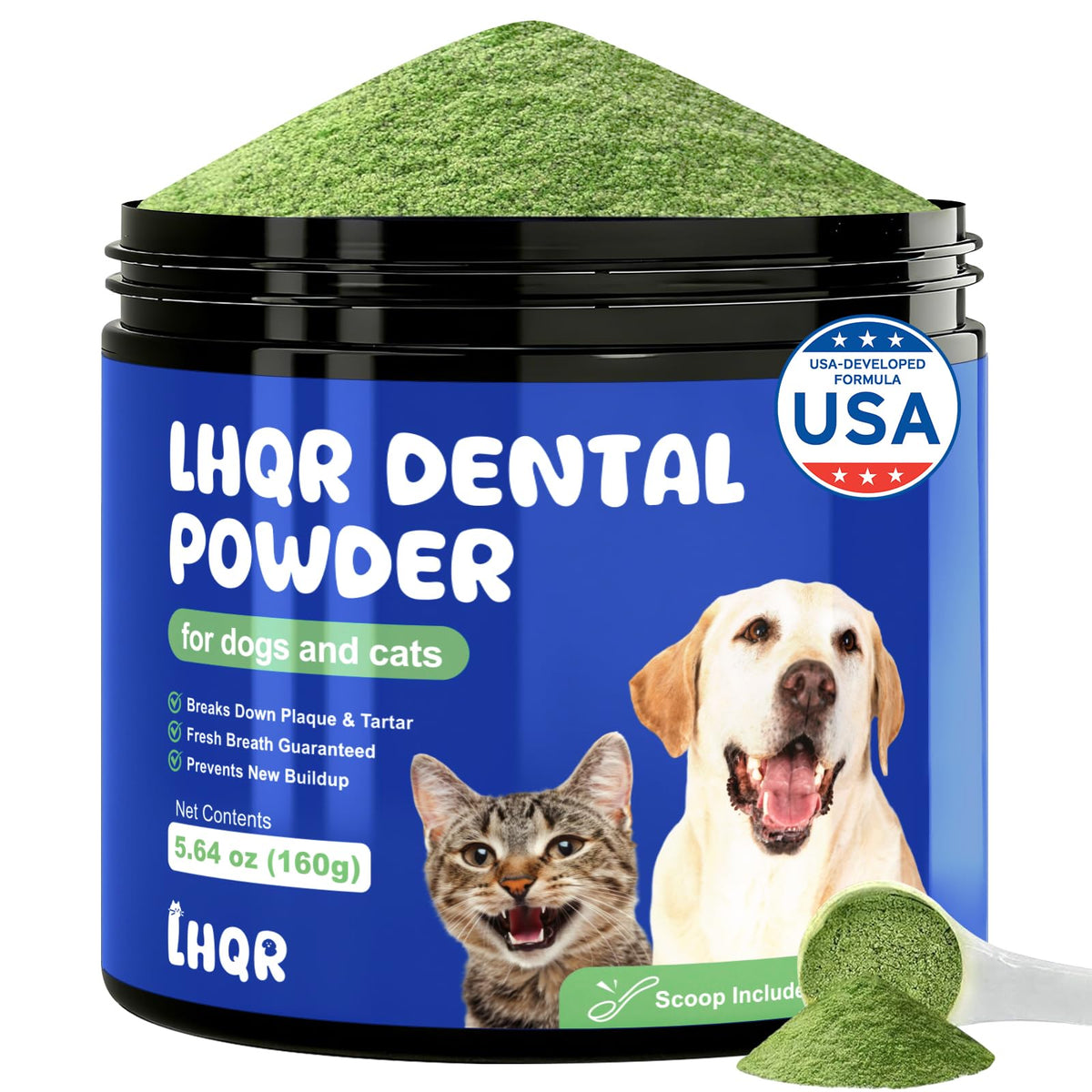 LHQR polvo dental para perros, aliento fresco tras cada comida.