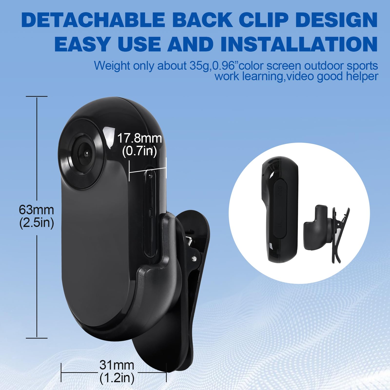Clip trasero ajustable 315°, ángulo flexible y cómodo para grabar.