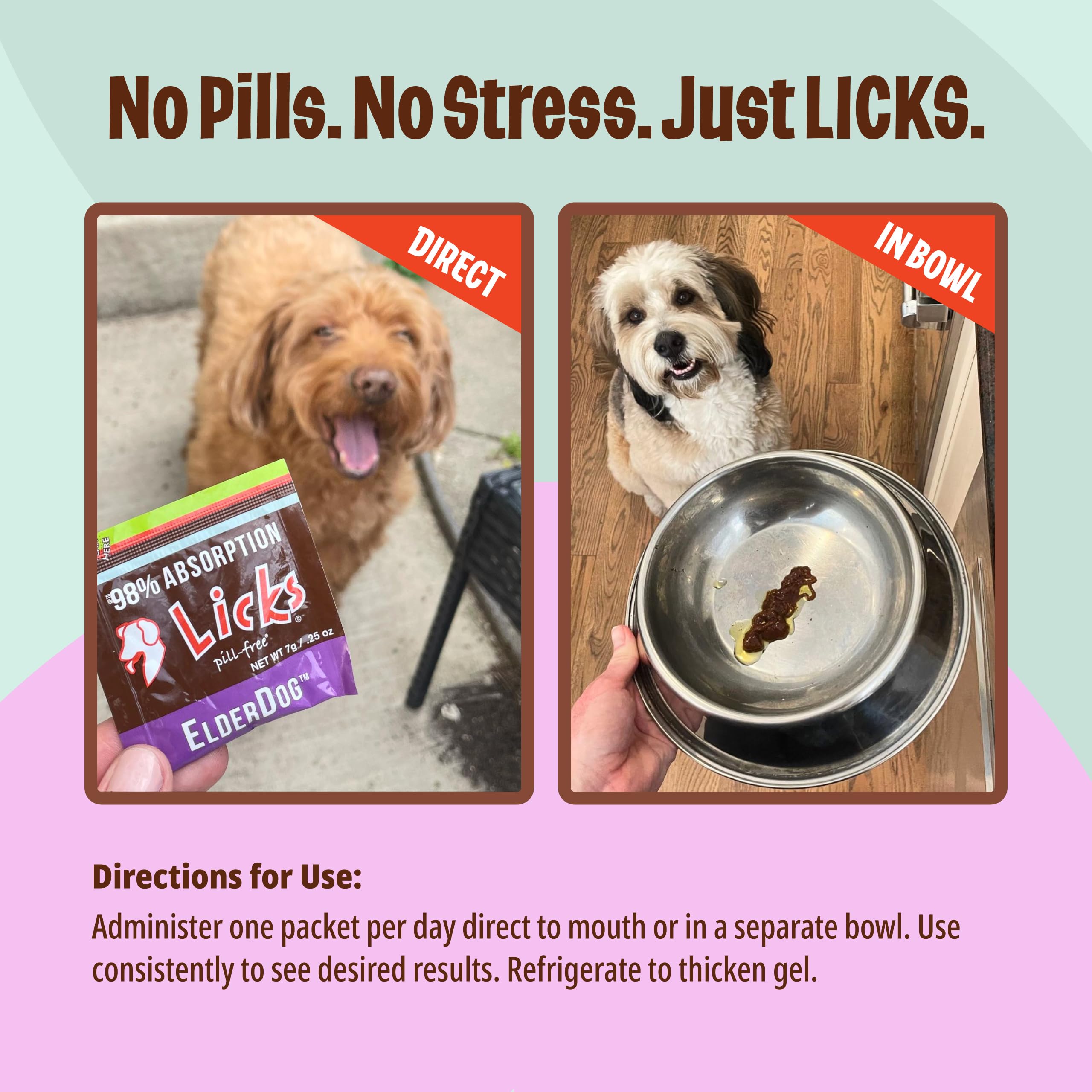 Licks ElderDog aplicación en comida, integración sin esfuerzo en la rutina.