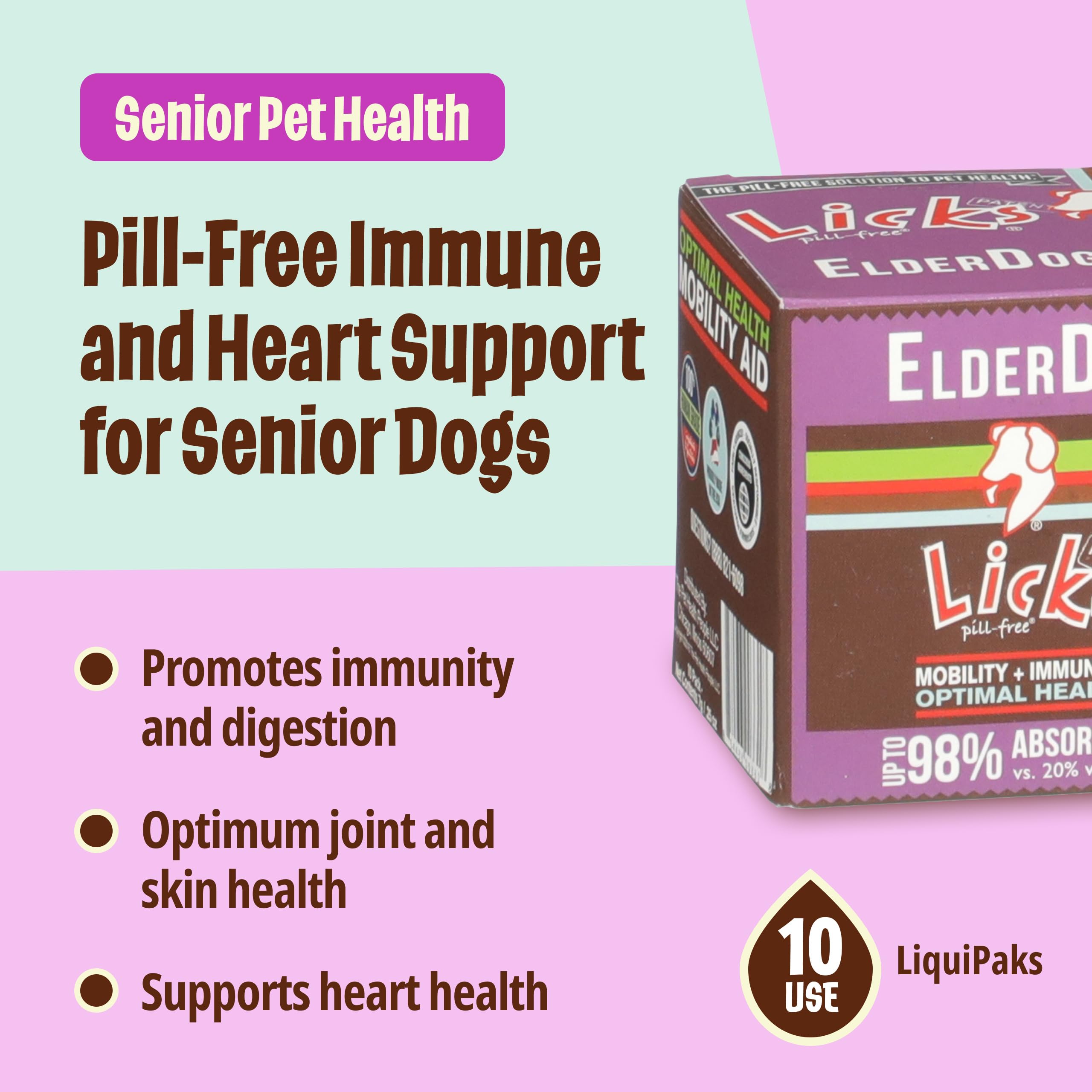 Licks ElderDog pastillas LiquiPaks, formato práctico para dosis diarias.