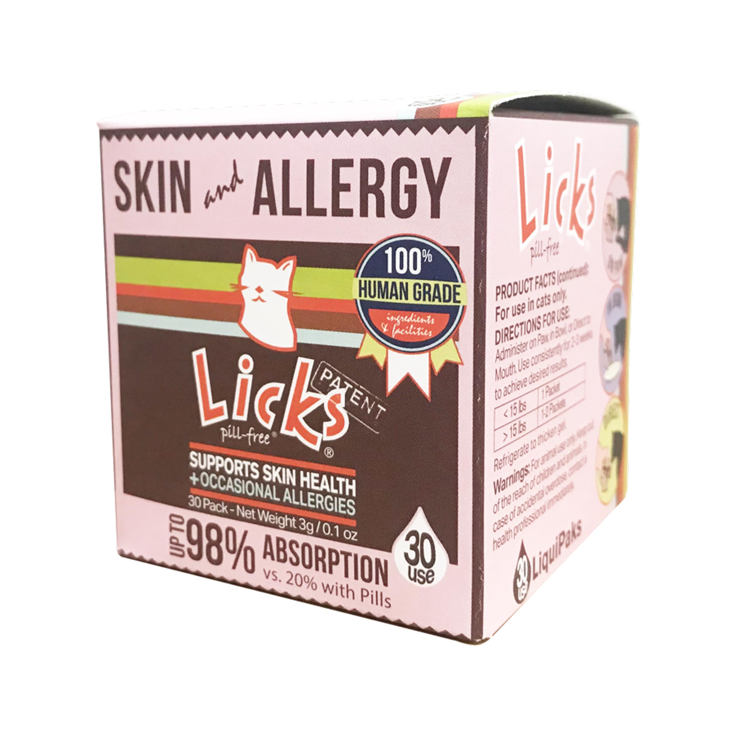 Licks Pill Free LiquiPaks para gatos en envase, administración sencilla.