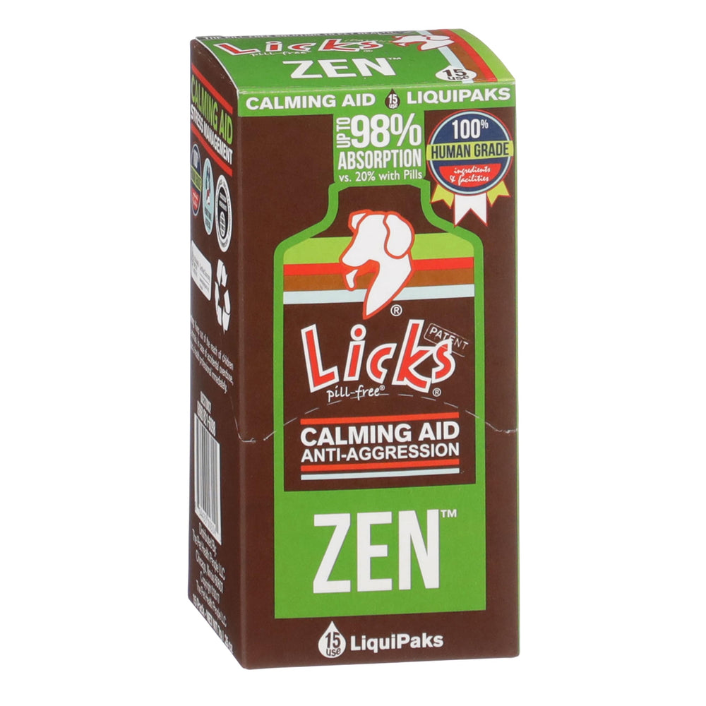 Licks Pill Free frente a la caja, enfoque en calma para perros.
