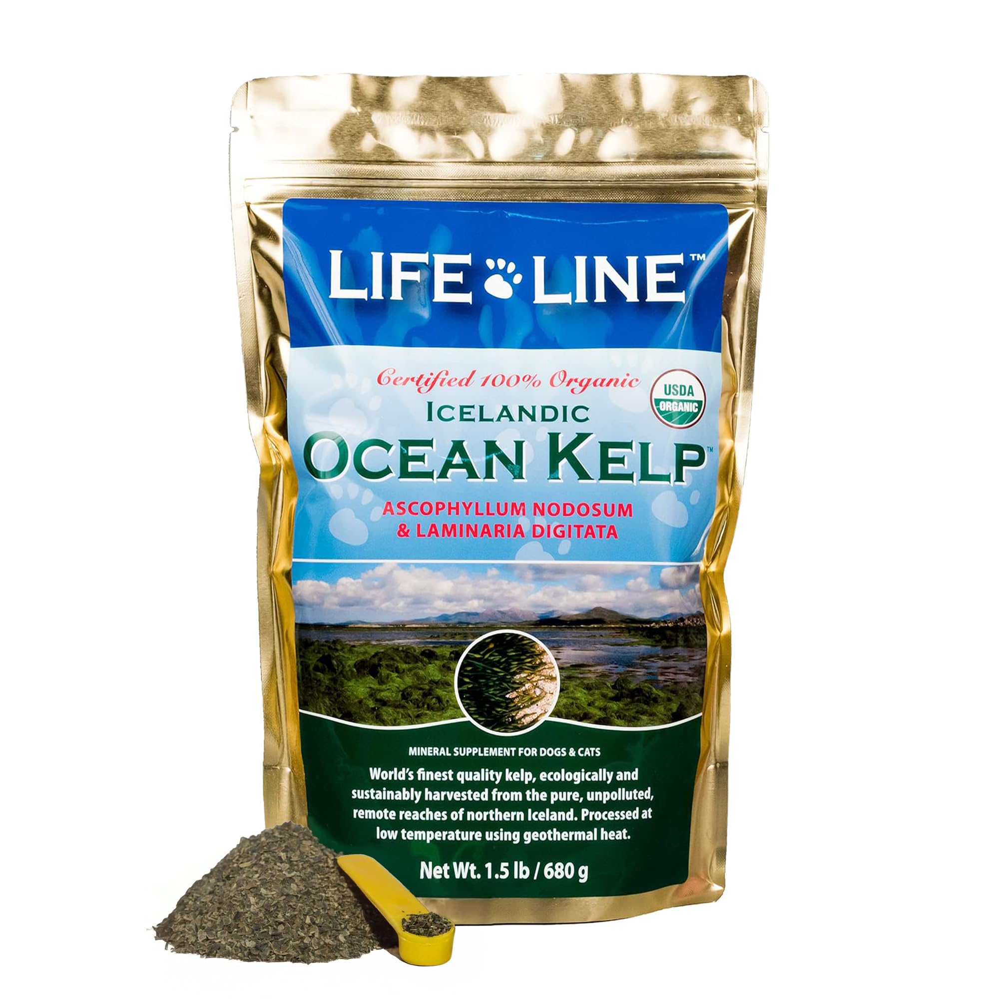 Life Line Organic Ocean Kelp en bote, vertido para mejorar piel y pelaje.