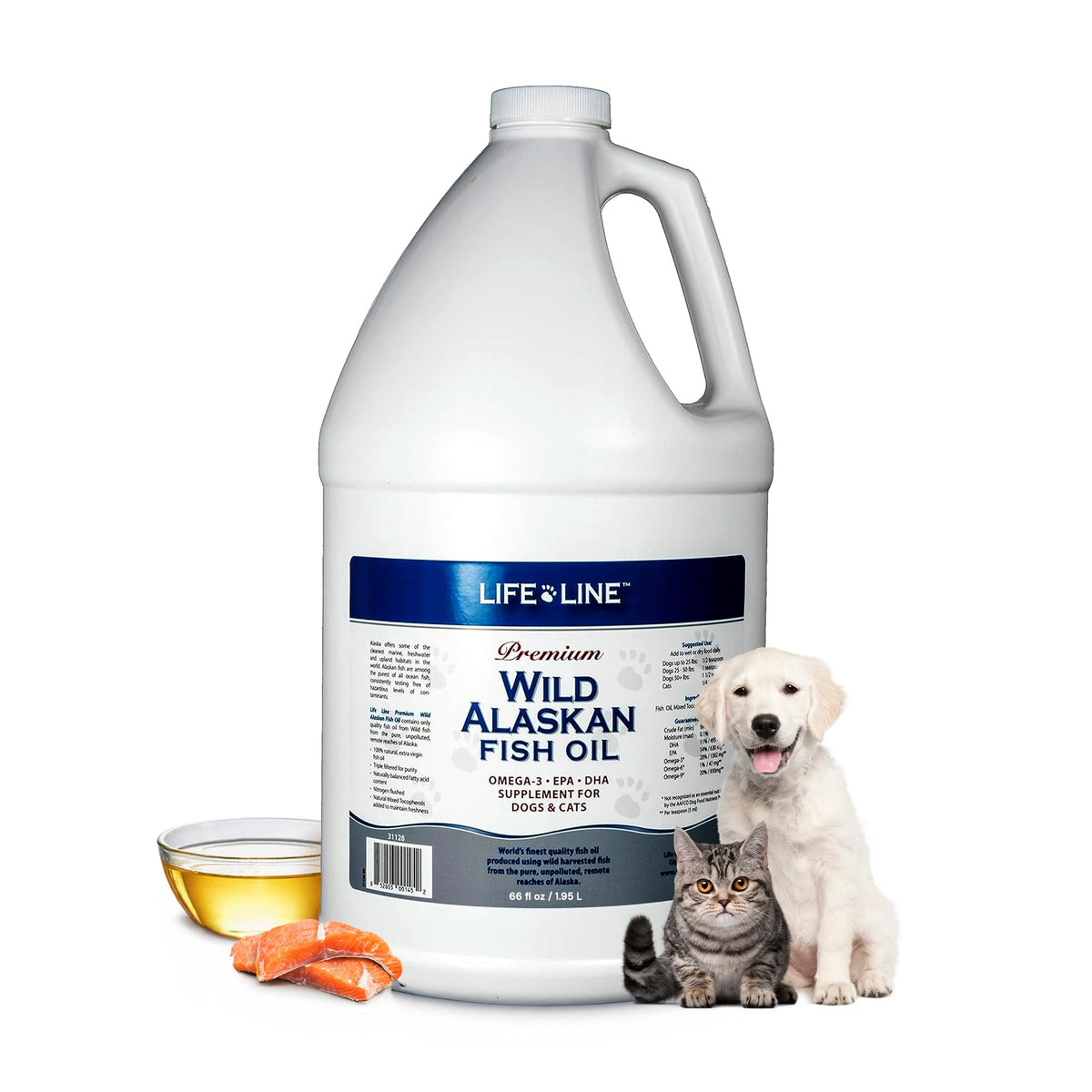 Life Line Pet Nutrition: botella de aceite de pescado de Alaska para piel y pelaje.