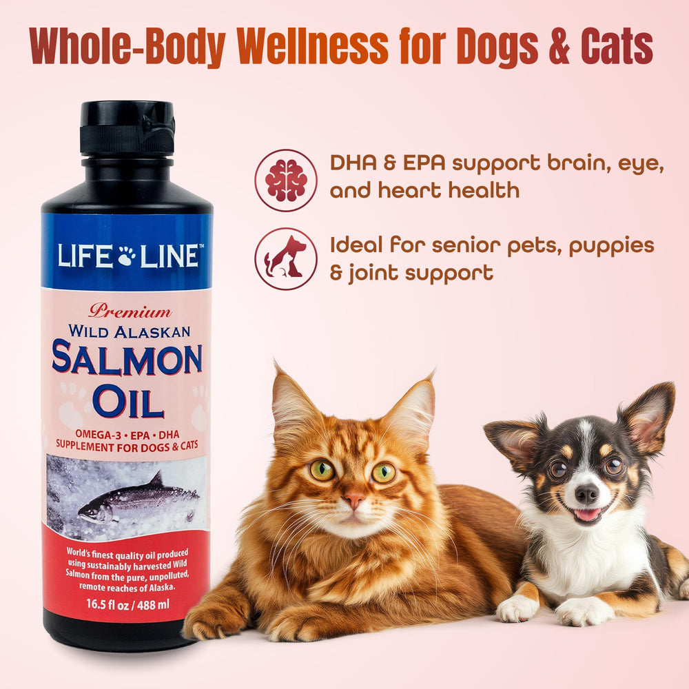 Life Line Wild Alaskan Salmon Oil etiqueta clara y aroma suave para mascotas