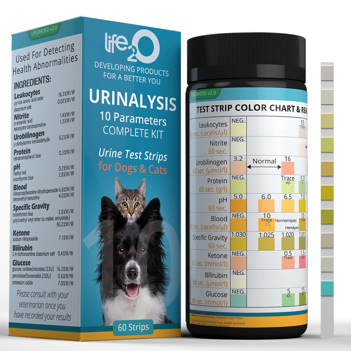 Life2O tiras de prueba urinaria de 10 parámetros para mascotas, monitorización de salud urinaria en casa.