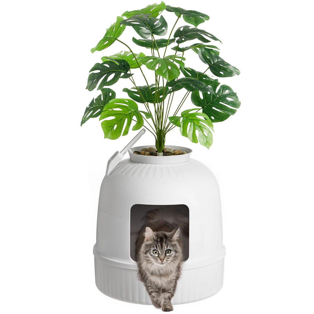 Bandeja oculta para gatos Lifewit con planta falsa, diseño discreto.