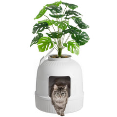 Bandeja oculta para gatos Lifewit con planta falsa, diseño discreto.